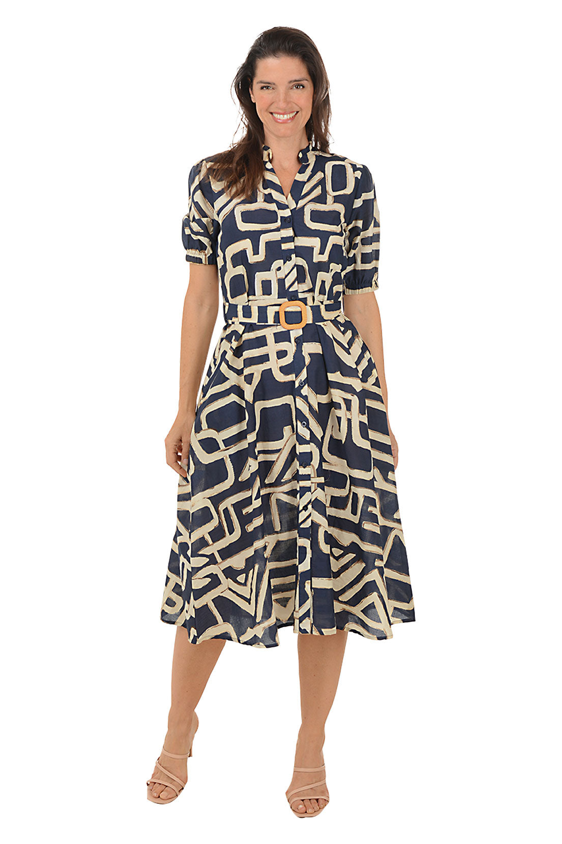 Geometric Print Belted Button Front Midi Dress for Women | Elegant Office Wear & Casual Outfit for Parties & Dates