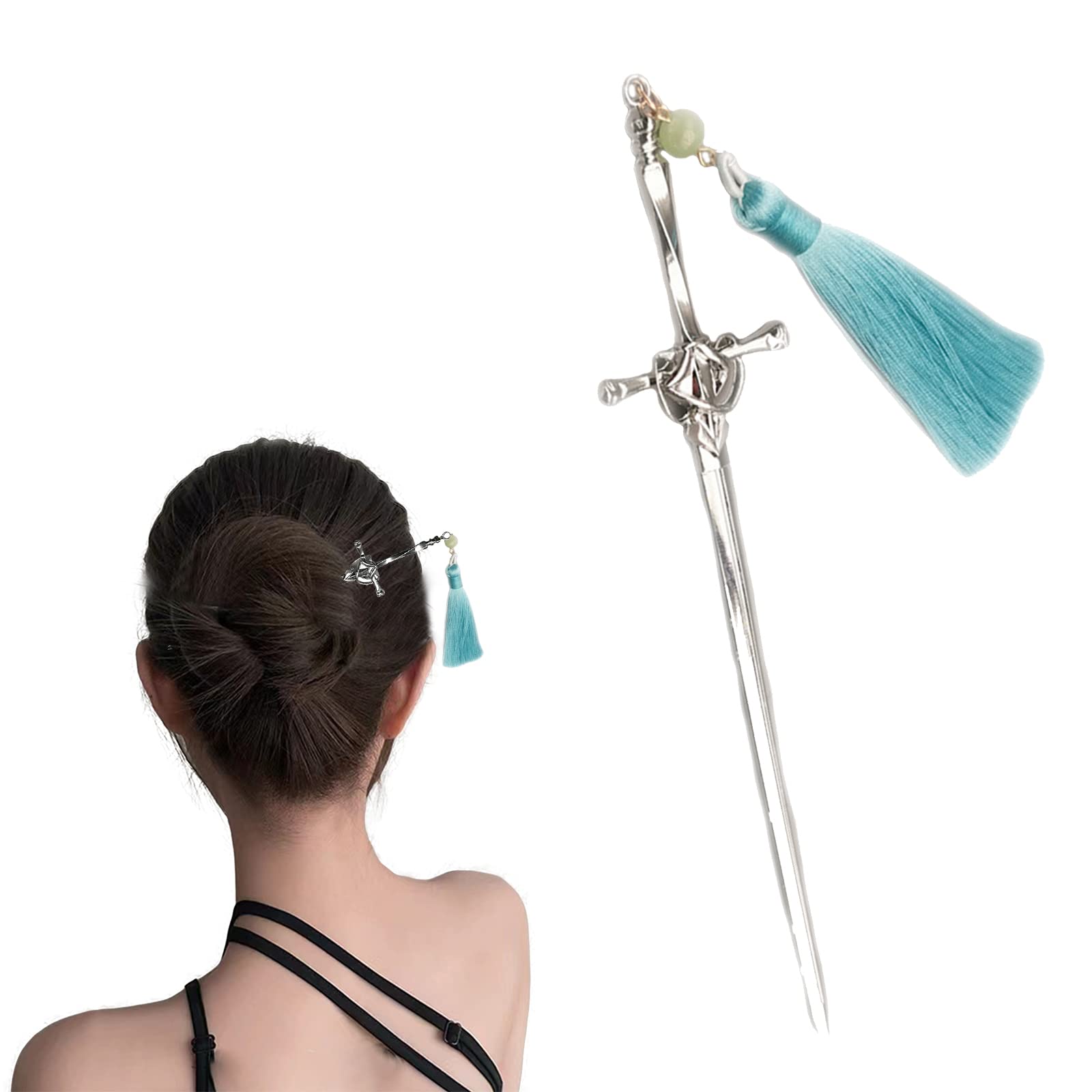 GOLD XIONG PADISHAH Hair Chopsticks - Chinese Style Sword Hair Sticks with Blue Tassel for Women & Girls - Elegant Bun Hair Accessories for Long Hair - Perfect for Cosplay, Weddings & Traditional Events