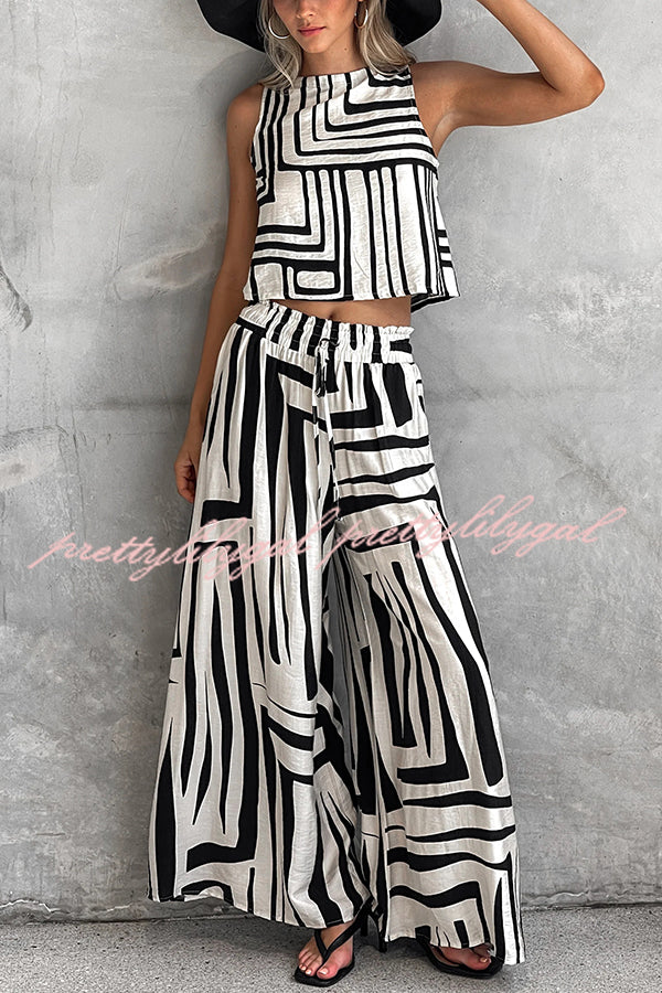 Women's Striped Printed Sleeveless Casual Top & Elastic Waist Loose Pocket Wide Leg Pants Set - Summer Outfit for Beach, Travel and Daily Wear