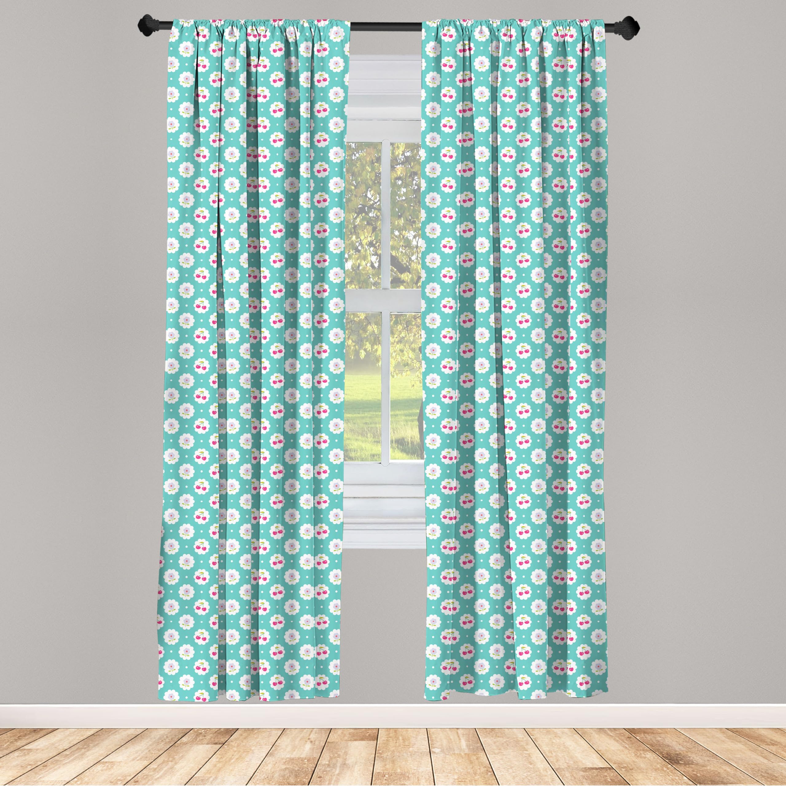 Ambesonne Seafoam Window Curtains - Abstract Cherry & Floral Dotted Design, Lightweight 2-Panel Set with Rod Pocket, 28