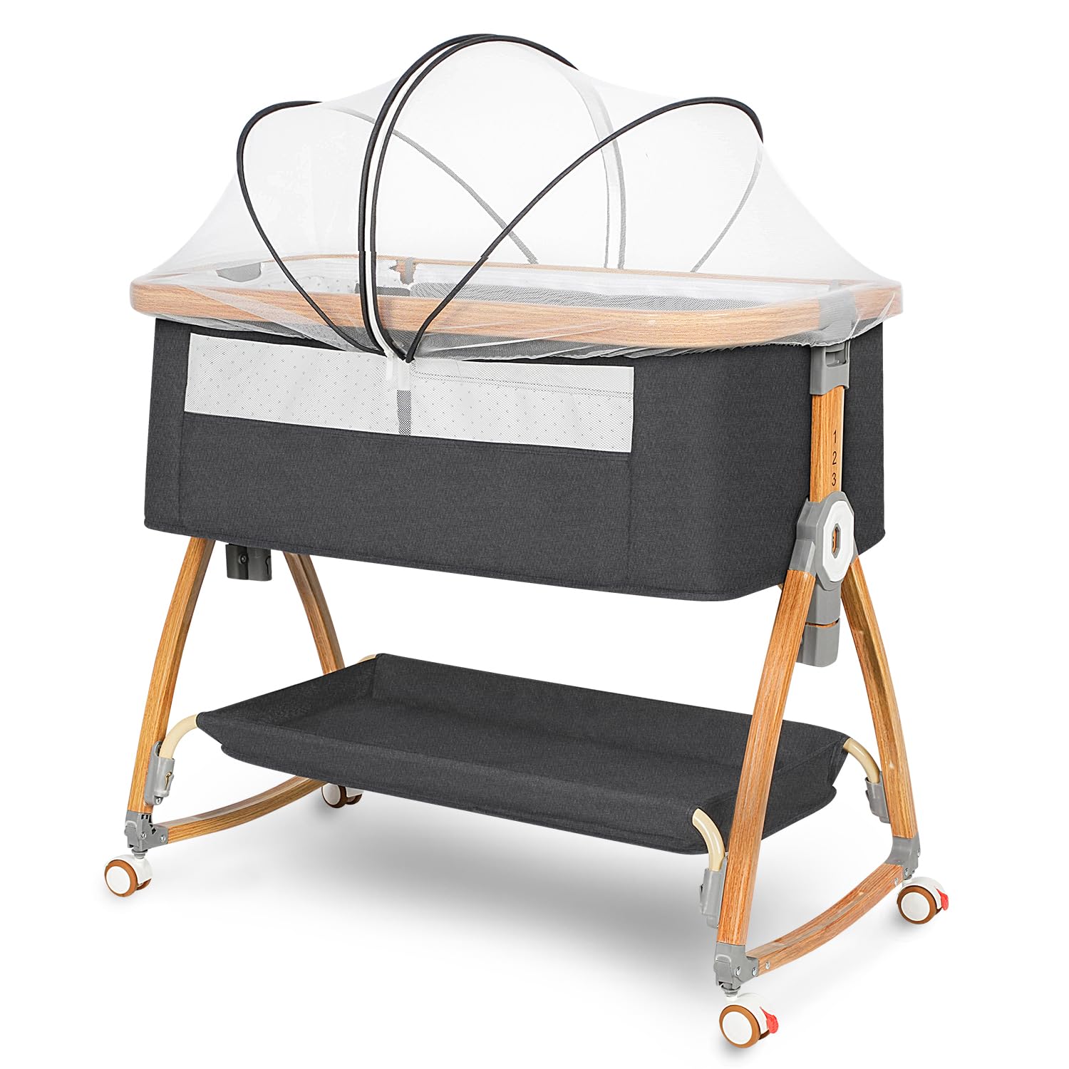 Komcot 6-Height Adjustable Baby Bassinet Bedside Sleeper with Wheels & Mosquito Net - Portable 3-in-1 Crib for Newborns, Infants & Toddlers (Dark Grey) - Perfect for Nursery, Bedroom & Travel Use