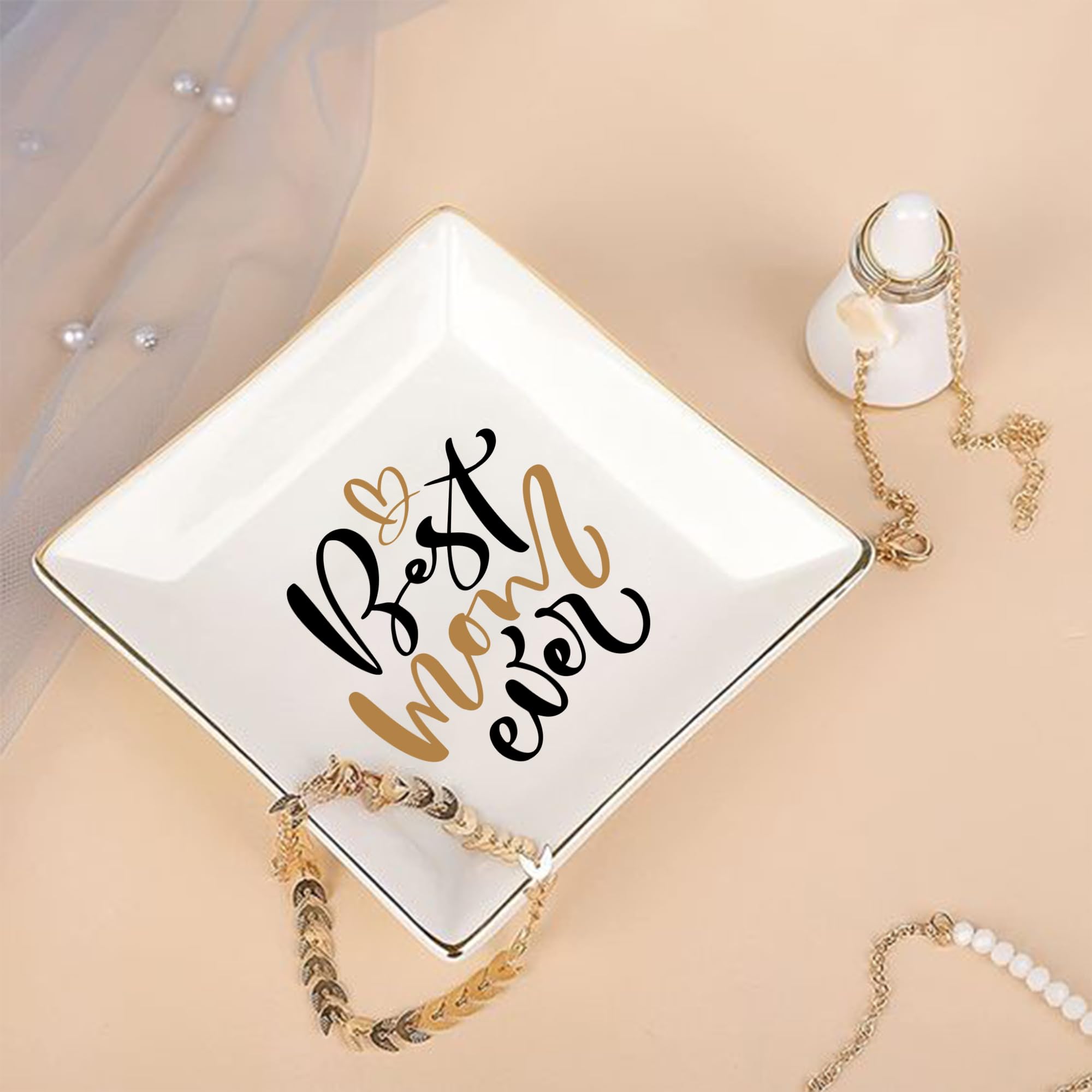 LADY&HOME Ceramic Trinket Dish for Mom - Elegant Jewelry & Ring Holder, Perfect Mother's Day Gift, Birthday Present for Women - Ideal for Bedroom Dresser, Bathroom Vanity & Entryway Organization