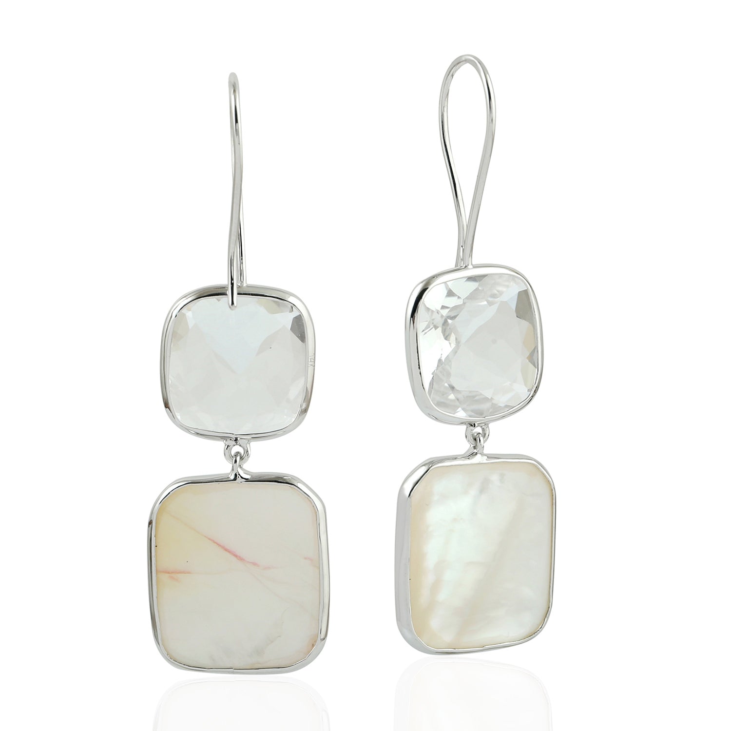 14k White Gold Bezel Set Mother of Pearl Quartz Crystal Ear Hook Earrings | Elegant Dangle Earrings for Women | Perfect for Weddings, Parties & Special Occasions