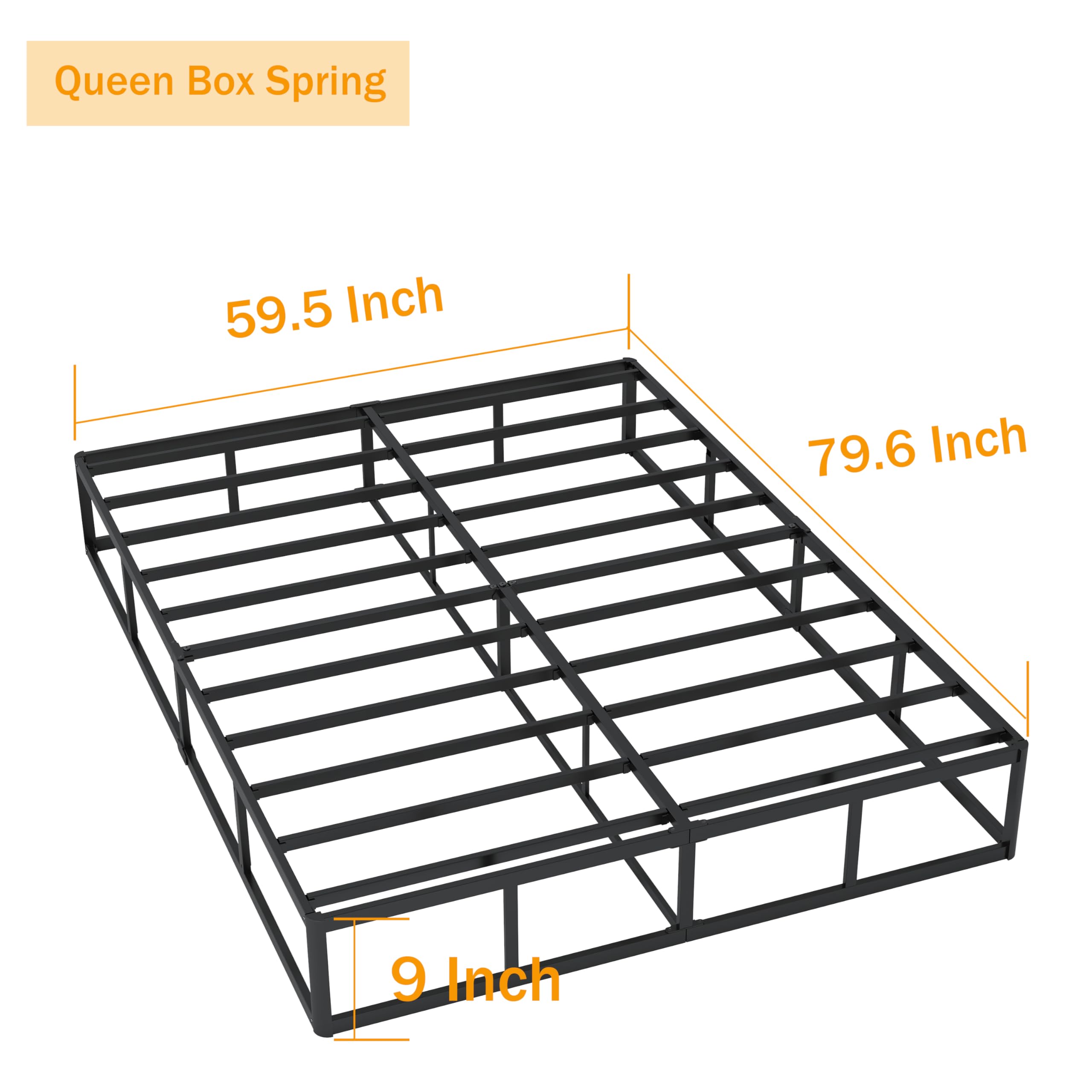 9 Inch Queen Box Spring - High Profile Metal Frame with Fabric Cover, Easy Assembly, 3000 lbs Weight Capacity - Perfect for Queen Beds, Guest Rooms & Dormitories