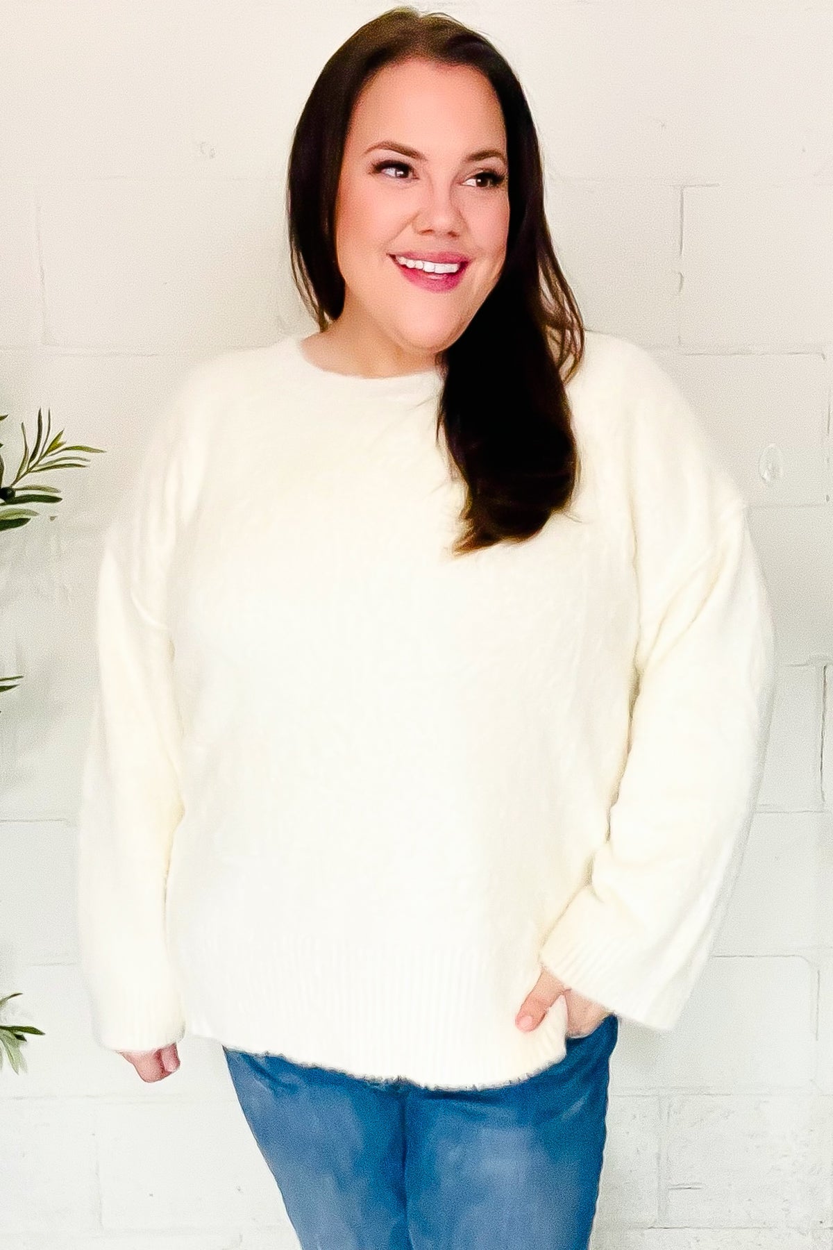 Classic Elegance Ivory Fuzzy Soft Knit Sweater for Women - Cozy Winter Pullover with Long Sleeves - Perfect for Casual Outfits, Office Wear & Holiday Gatherings