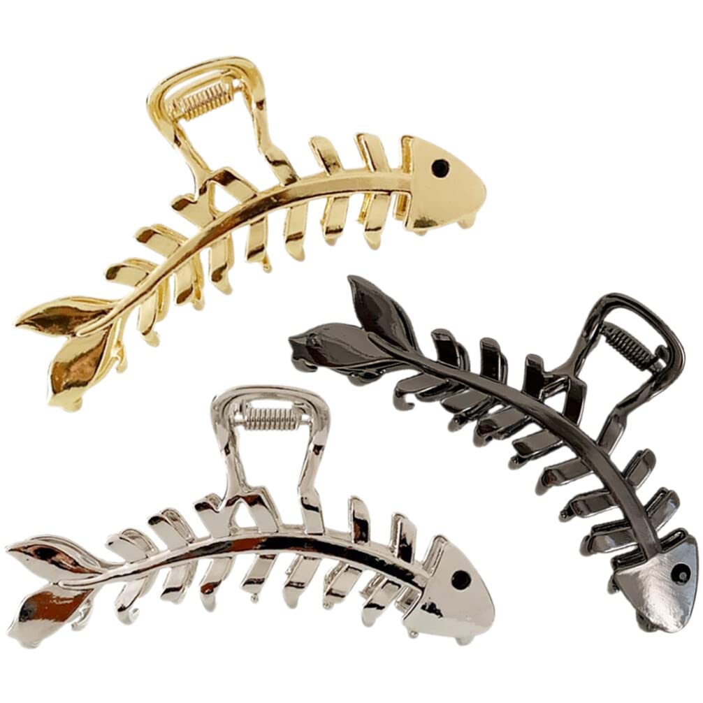 EXCLUZO 3-Pack Metal Fishbone Hair Claw Clips - Non-Slip Large Jaw Clips for Women with Thick or Thin Hair - Perfect for Updos, Ponytails & Everyday Hairstyles