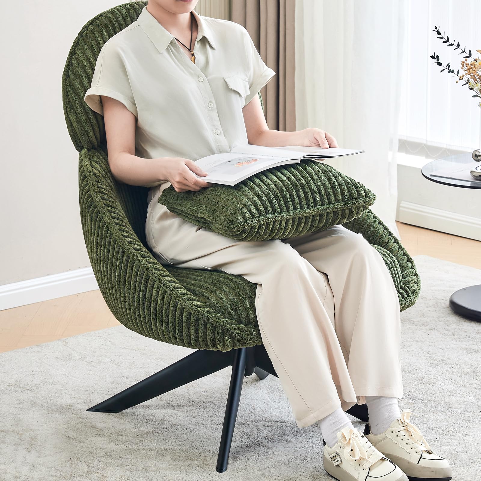 Furniliving Modern Upholstered Swivel Accent Chair - Green Corduroy Armchair with Headrest & Metal Legs for Living Room, Bedroom, Office | Comfortable Lounge Chair with Pillow for Relaxing, Reading & Entertaining