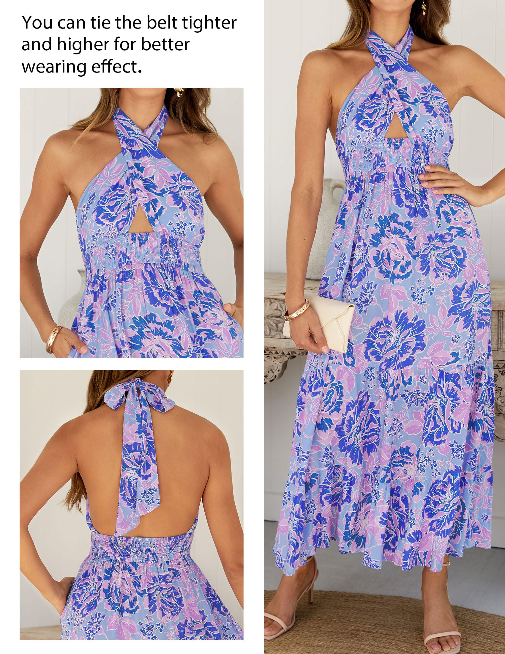ZESICA Women's 2025 Summer Plaid Halter Neck Sleeveless Backless Maxi Dress - Beach Wedding, Vacation, Party, Date Night Outfit