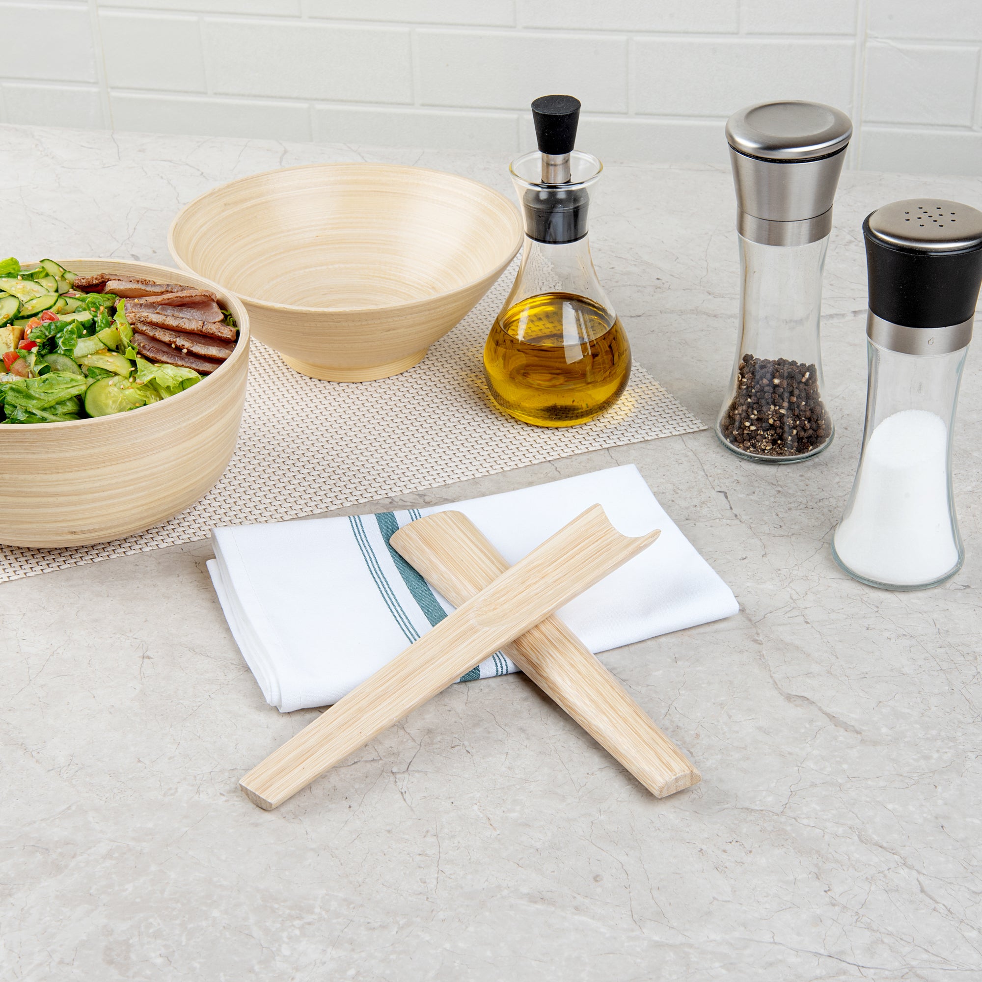 Natural Bamboo Salad Servers Set - 2 Piece Eco-Friendly Spun Bamboo Utensils for Serving Salads, Pasta & Appetizers - 9.75 Inch Sustainable Kitchenware for Parties & Picnics
