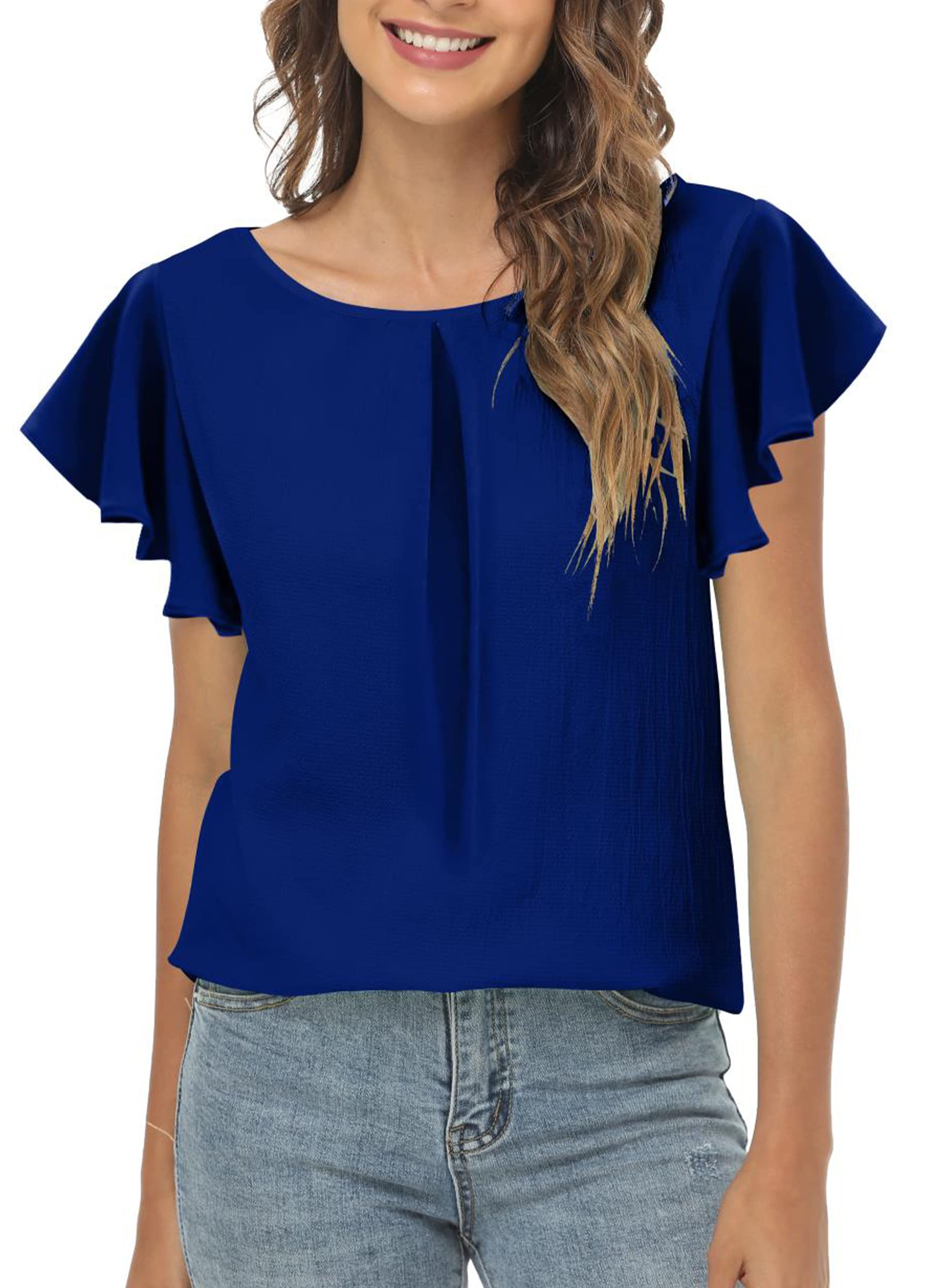 Women's Pleated Cap Sleeve Chiffon Blouse with Keyhole Neckline - Business Casual Work Tops for Office, Meetings & Professional Events