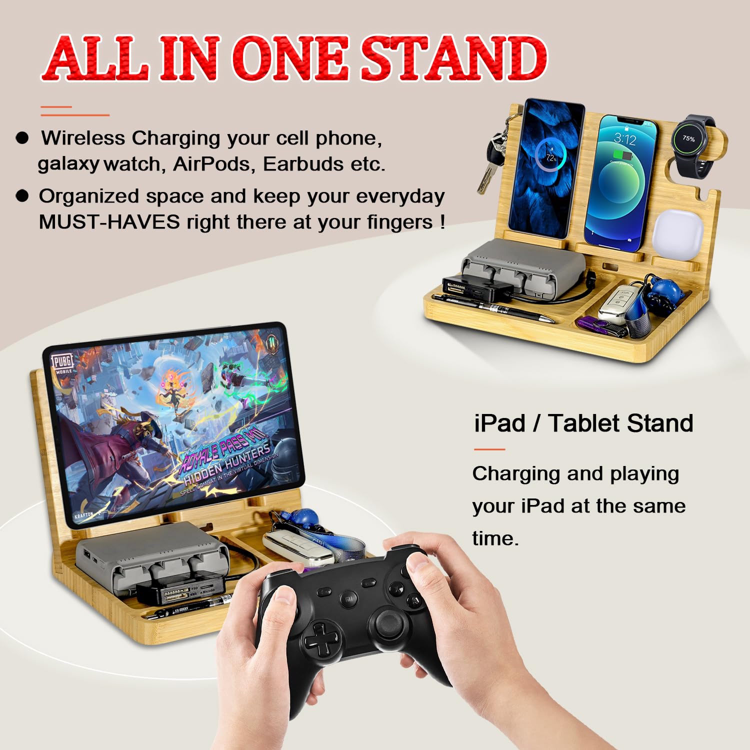 **27W Fast Wireless Charging Station for Two Phones - Wood Phone Docking Station with Samsung Galaxy Watch & Buds Charger - Nightstand Organizer for Men - Perfect Gift for Dad, Husband, or Boyfriend (Home & Office Use)**