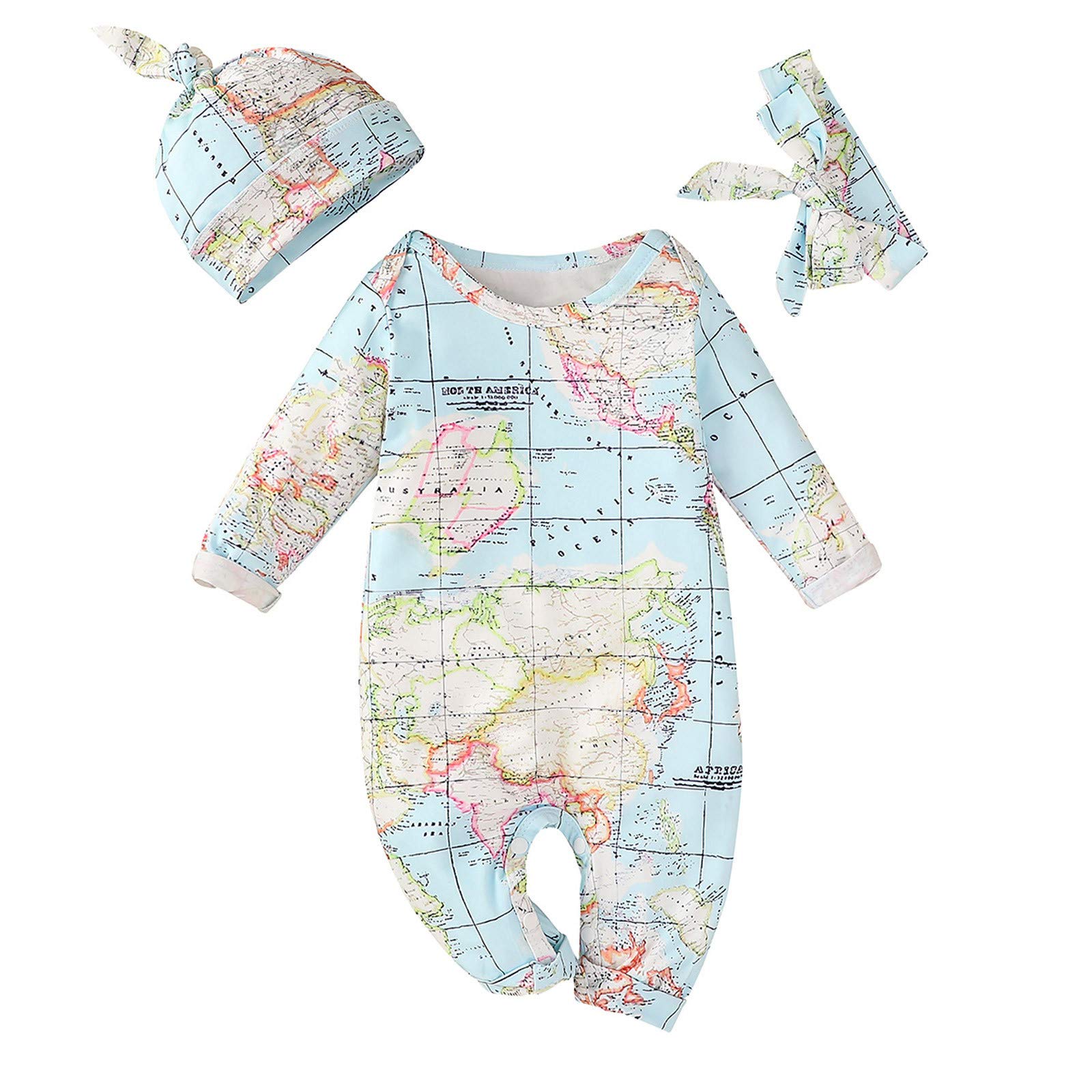 Egbsmy Newborn Ruffle Long Sleeve Jumpsuit Outfit Set - Cute Pattern Print Romper with Headband & Hat for Baby Girls & Boys (0-12 Months) | Perfect for Photoshoots, Birthday Parties & Special Occasions