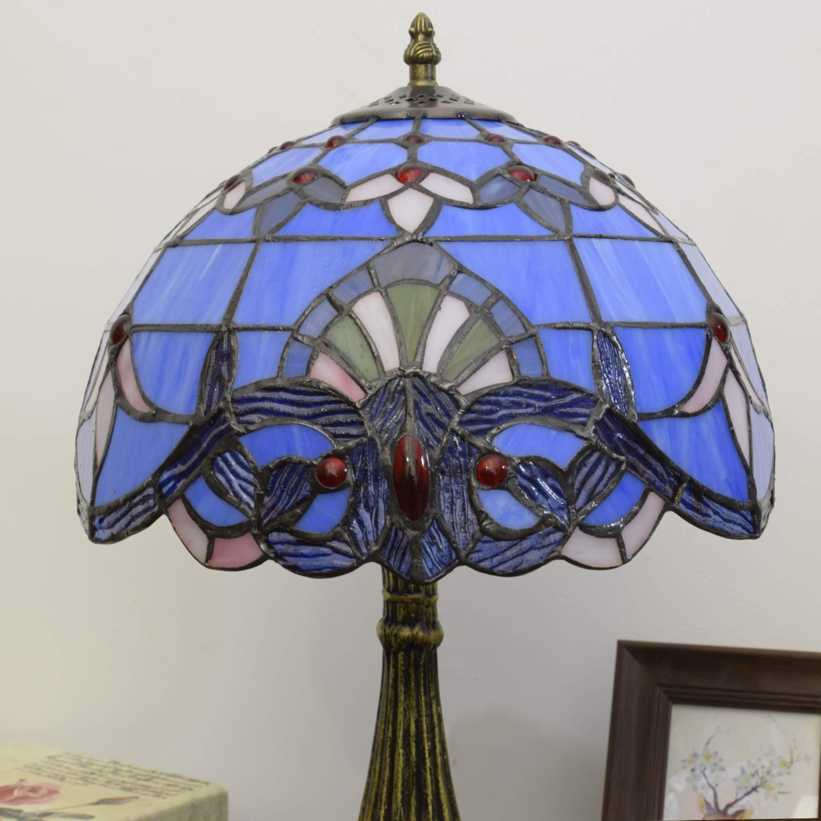 Tiffany Style Stained Glass Table Lamp - Blue Baroque Design for Bedroom, Living Room, Office & Dorm | Includes Light Bulb | Perfect for Reading, Decor & Gift Giving (12x12x18 Inches)