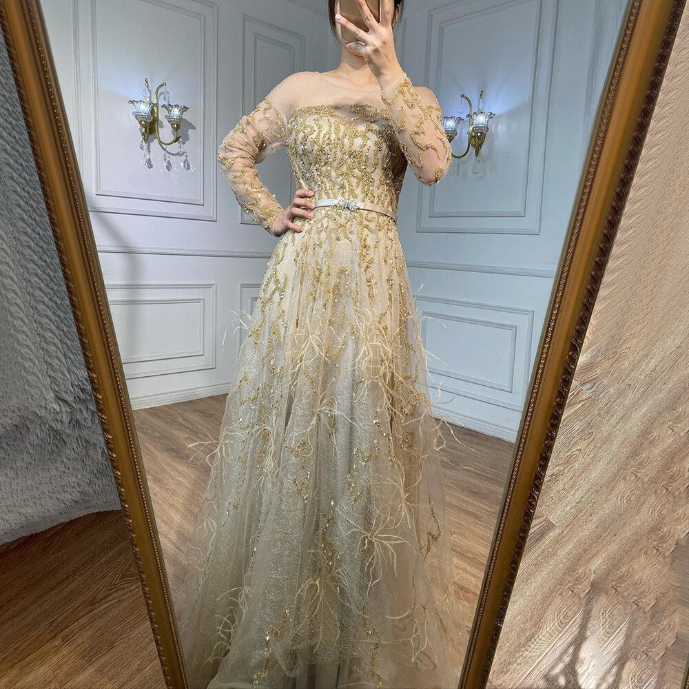 Luxury Muslim Gold A-Line Lace Beaded Feather Evening Dress for Women - Arabic Wedding Gown & Party Formal Wear 2025 | Elegant Islamic Occasion & Special Event Attire