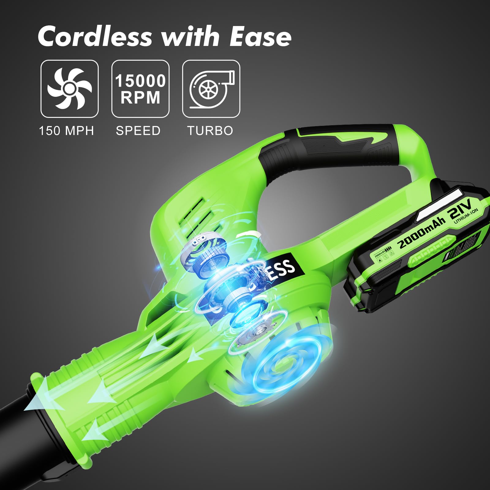 21V Cordless Leaf Blower with 2 Batteries & Charger - 2 Speed Modes, Lightweight 2.0Ah Battery - Electric Leaf Blower for Lawn Care, Patio Cleaning, Yard Debris Removal - Perfect for Fall Leaves, Driveway Cleaning and Garden Maintenance