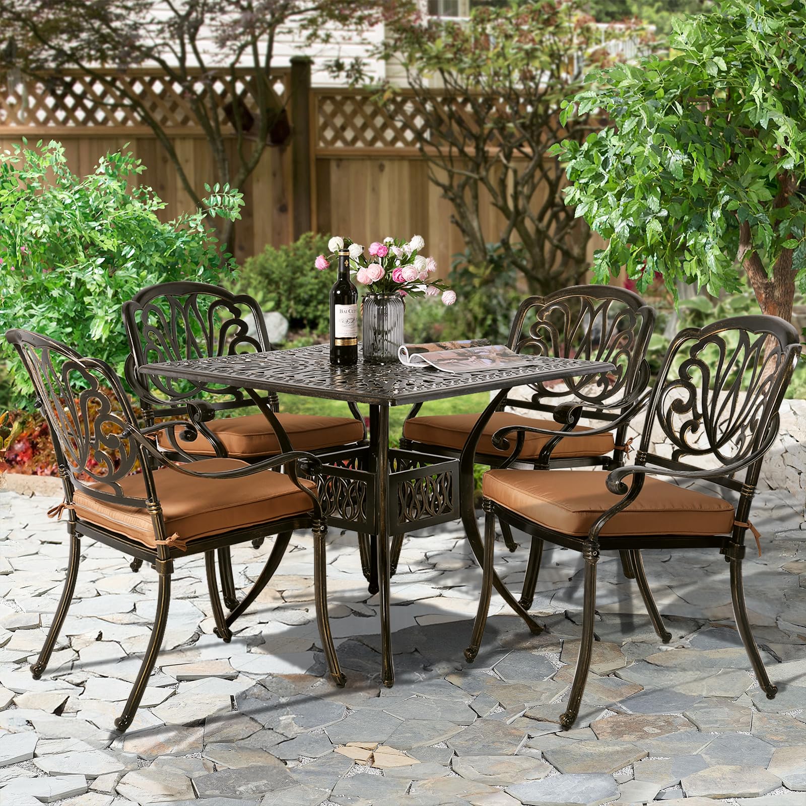 5-Piece All-Weather Outdoor Patio Dining Set - Cast Aluminum Garden Furniture with 4 Chairs, Cushions & 35.4