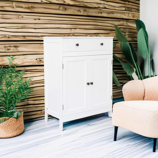 White Wooden Bathroom Floor Cabinet with Drawer & Shelf - Freestanding Storage Organizer for Bathroom, Living Room, Kitchen, Study & Entryway - Perfect for Small Space Organization & Home Decor