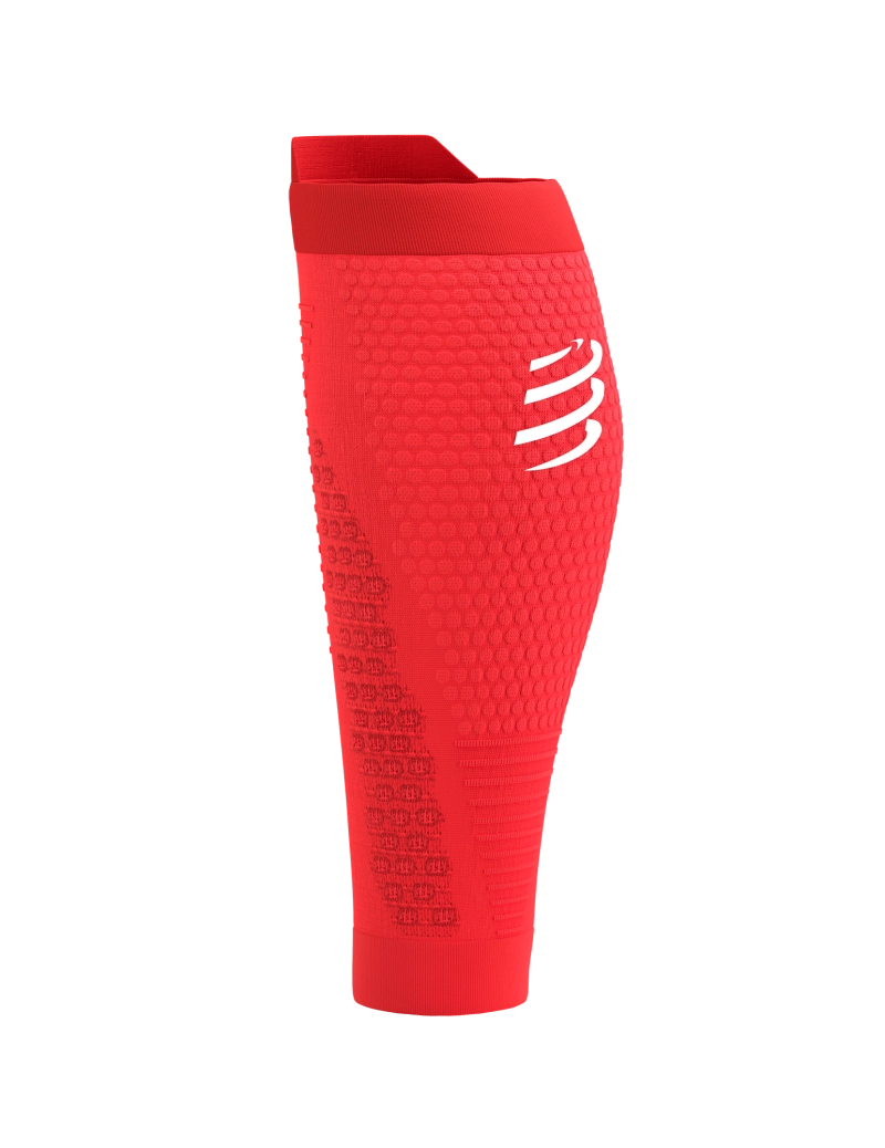 Compressport Unisex R2 3.0 Calf Sleeves - High Performance Compression Leg Sleeves for Running, Cycling & Recovery - Fluorescent Red/White with Reflective Strips - Ideal for Marathon, Workout & Sports Recovery