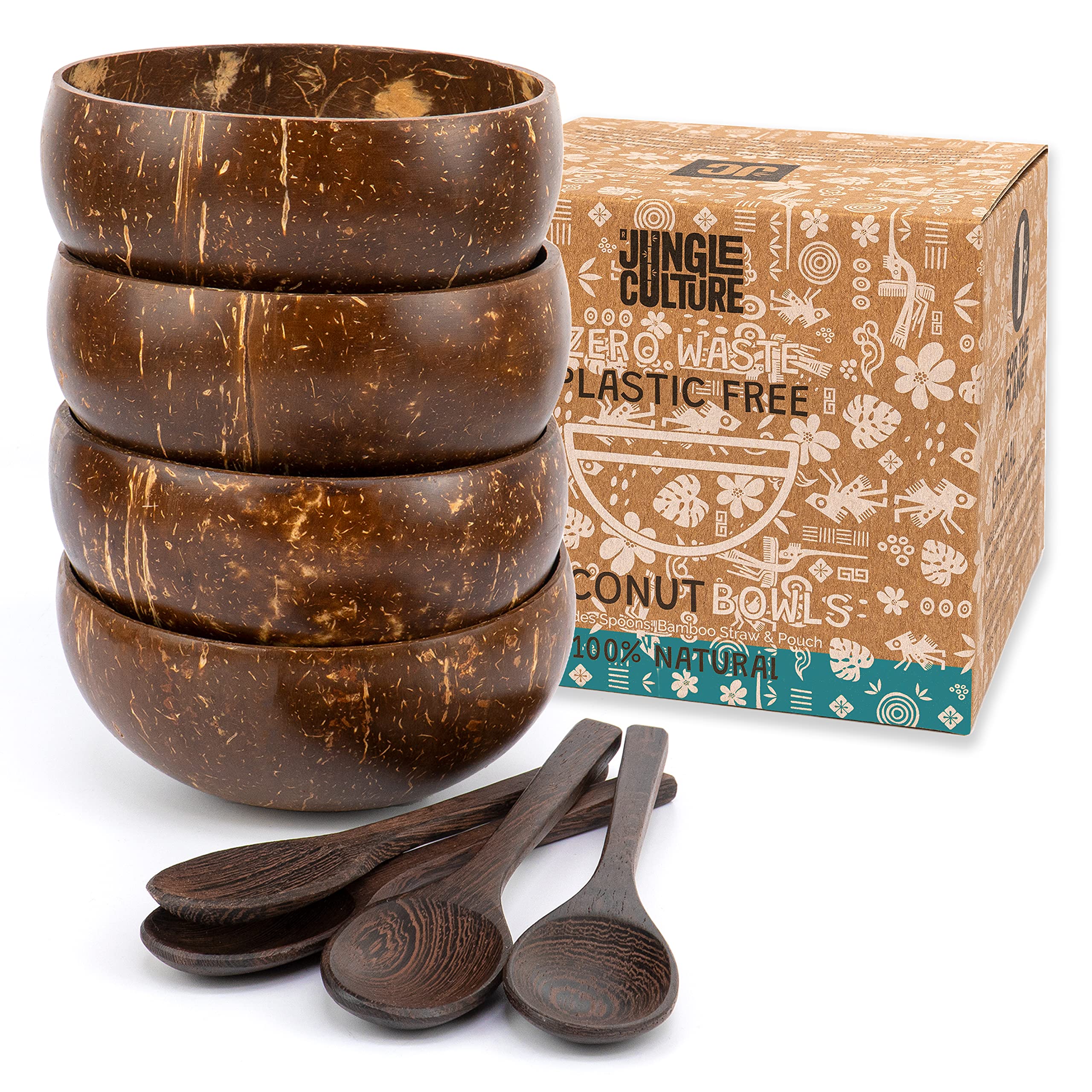Jungle Culture 4-Piece Polished Coconut Bowl Set with Wooden Spoons & Bamboo Straws - Eco-Friendly Vegan Gift for Smoothie, Acai & Buddha Bowls - Healthy Natural Coconut Shell Tableware for Breakfast, Dessert & Party Serving