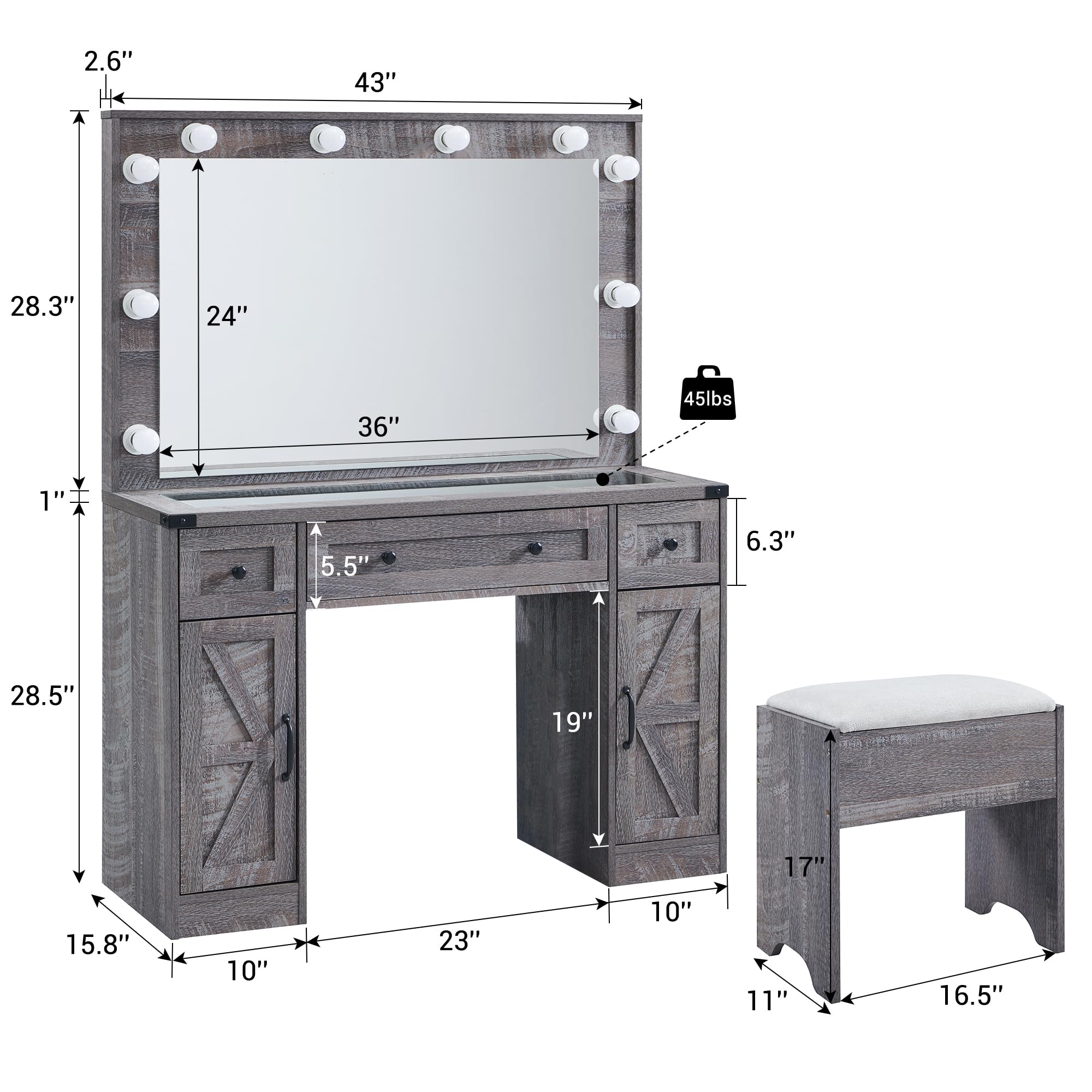 Farmhouse Makeup Vanity Desk with Mirror and Lights - 43