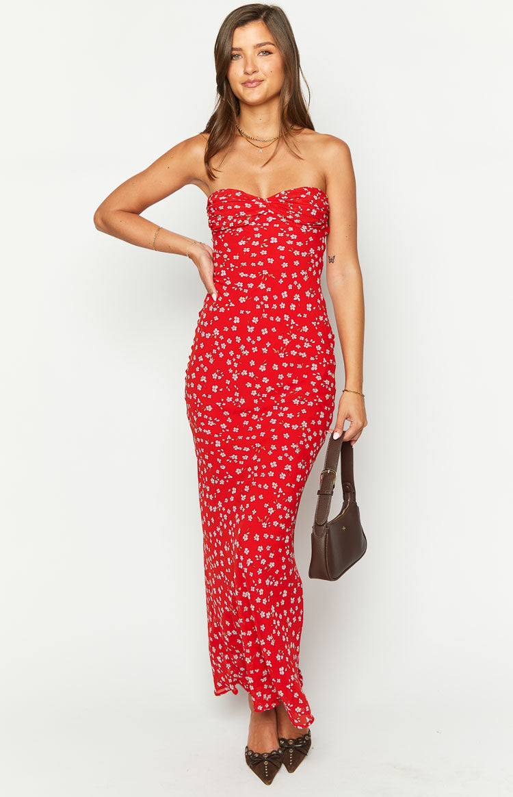 Elegant Ashley Red Floral Maxi Dress for Women - Formal Evening Gown for Weddings, Parties & Special Occasions
