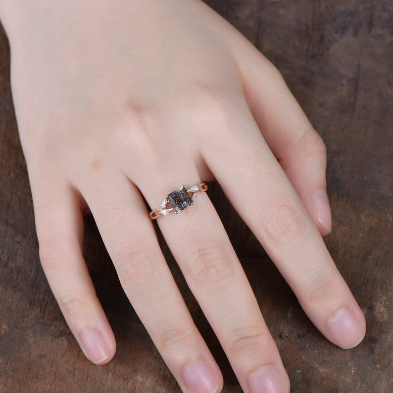 Natural Black Rutilated Quartz Diamond Engagement Ring for Women - Elegant Wedding Band, Promise Ring & Anniversary Jewelry Gift (Perfect for Proposals, Weddings & Special Occasions)