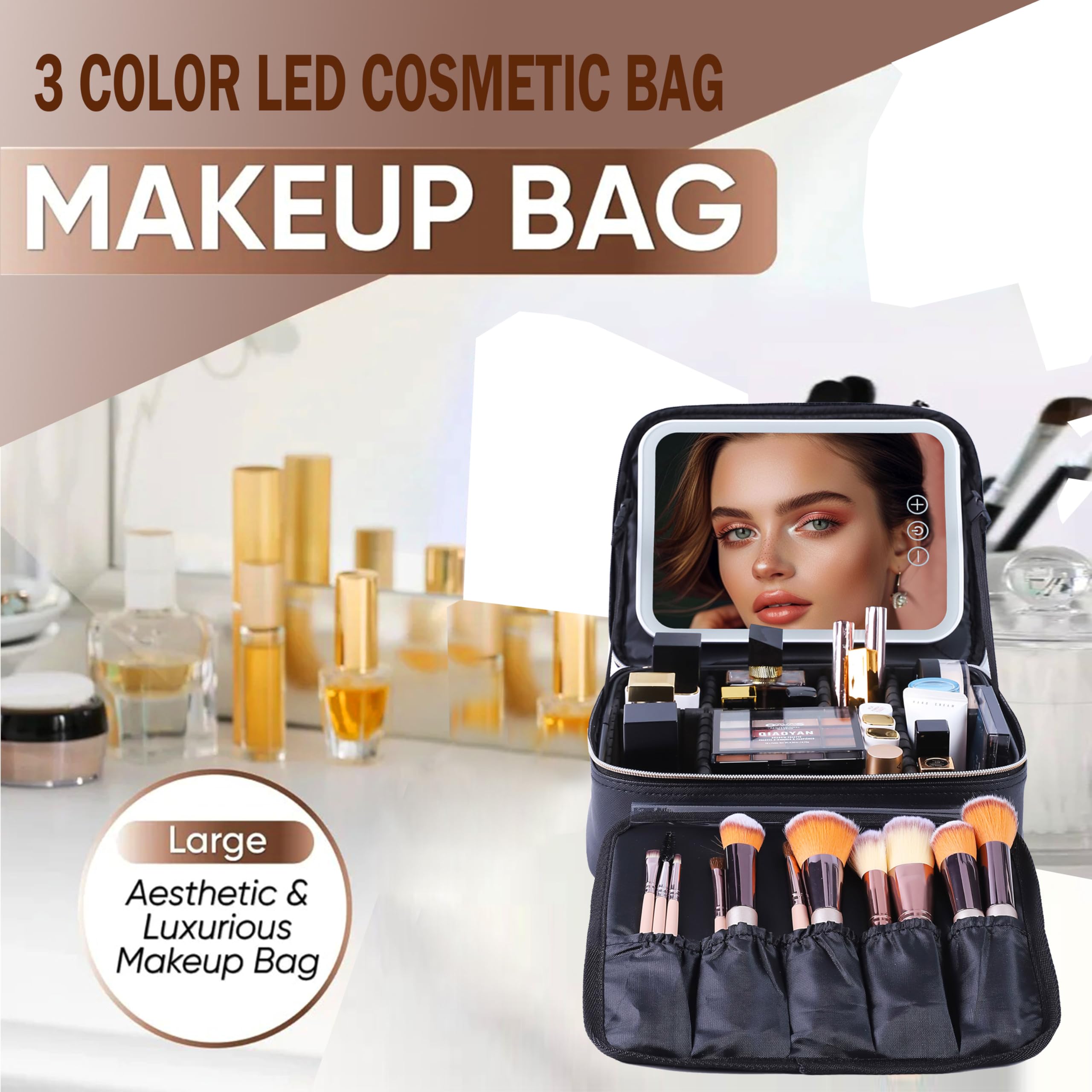 LED Makeup Bag with Mirror & Adjustable Brightness - Portable Waterproof Cosmetic Organizer with Handle & Custom Monogram - Perfect for Travel, Home Storage & Gift for Women