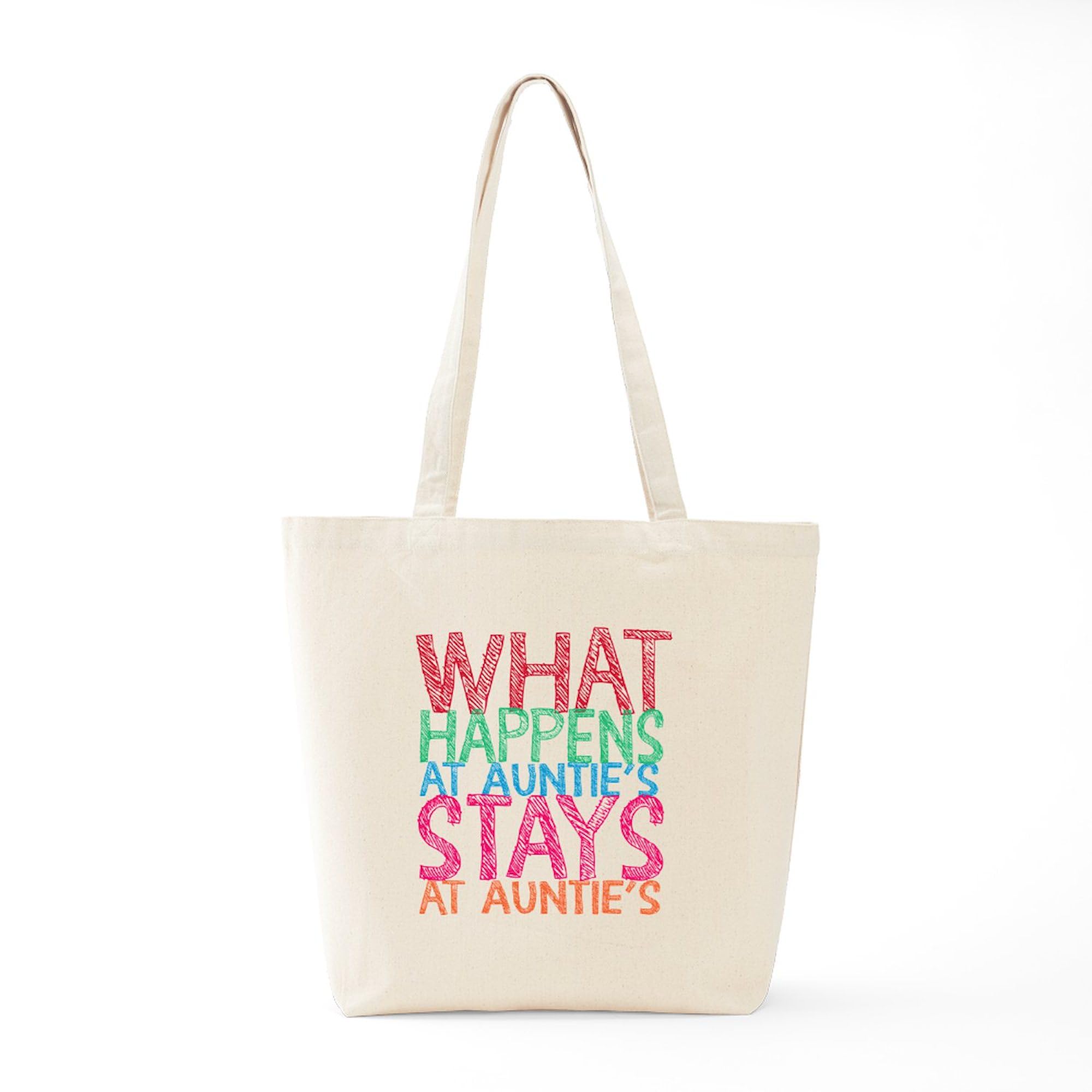 Reusable Natural Canvas Tote Bag - Funny 'What Happens At Auntie's' Design - Eco-Friendly Shopping Bag for Groceries, Beach, Work & Daily Use