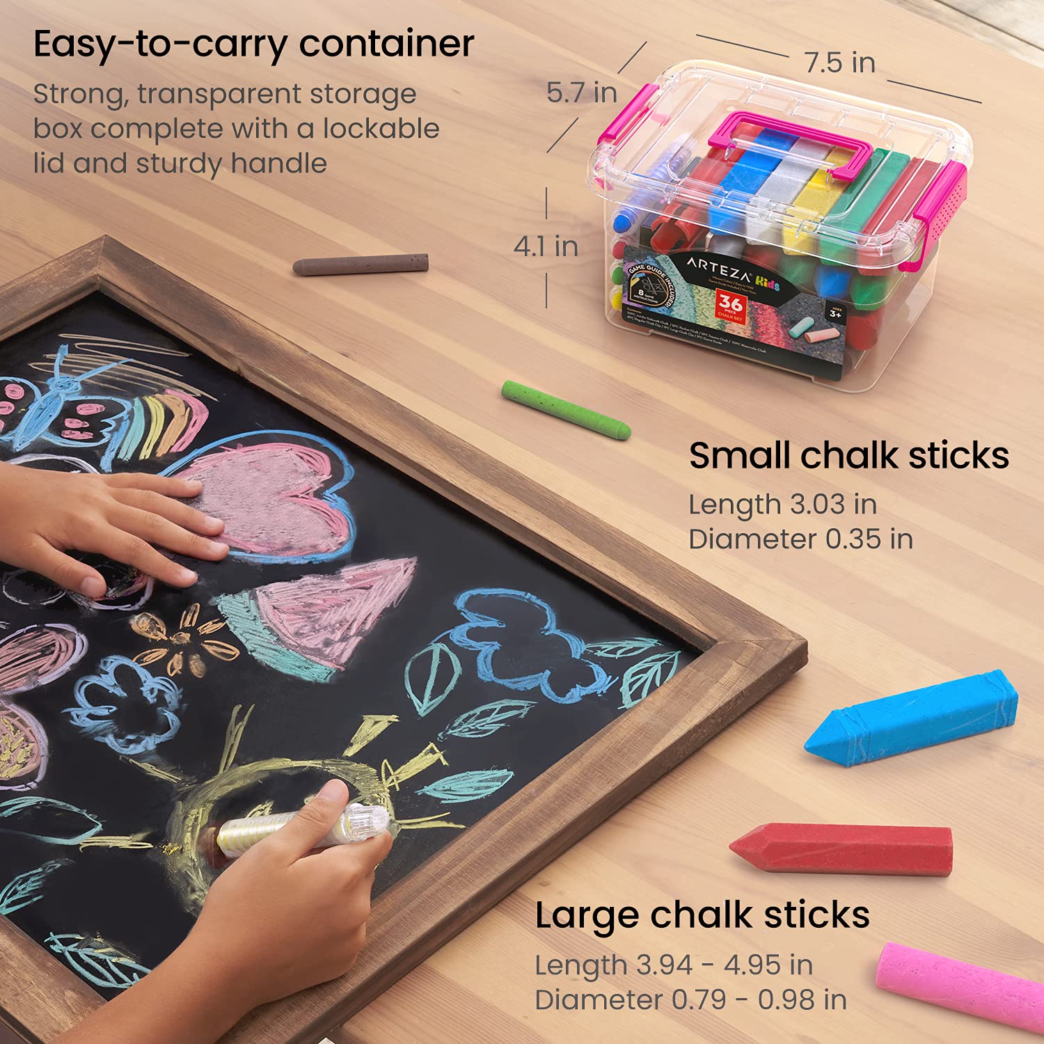 Arteza 36-Piece Kids Sidewalk Chalk Set - Non-Toxic, Washable & Easy-Grip Chalk for Outdoor Play with Fun Game Guide - Perfect for Driveway Art, Hopscotch & Summer Activities