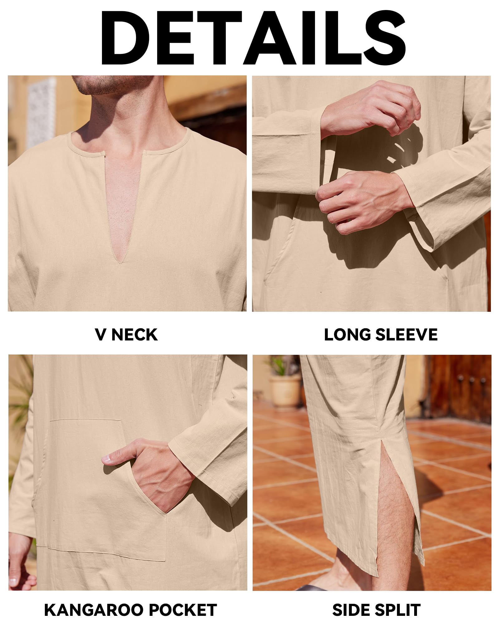 YAOHUOLE Men's Kaftan Thobe - Long Sleeve Islamic Robe with Side Slits & Pockets - Comfortable Casual Wear for Prayer, Home, Beach & Special Occasions