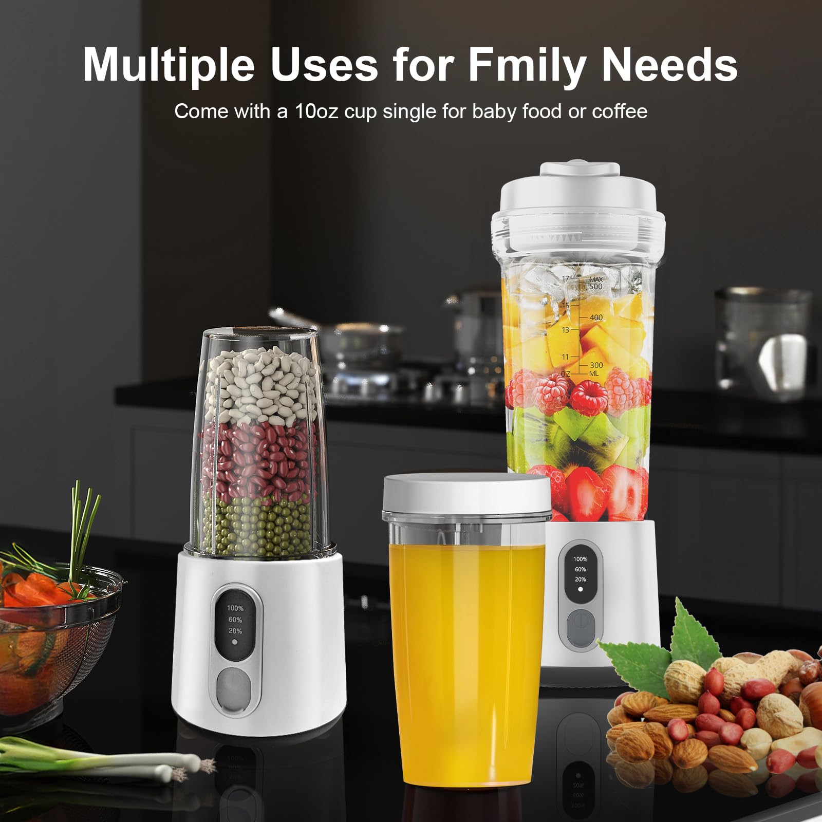 Portable USB-C Rechargeable Personal Blender - 17oz & 10oz Travel Smoothie Blender with 2 Cups, Straw, Brush & Lid - Quiet Cordless Mini Blender for Shakes, Protein Drinks & Meal Prep - Perfect for Gym, Office, Travel & Home Use