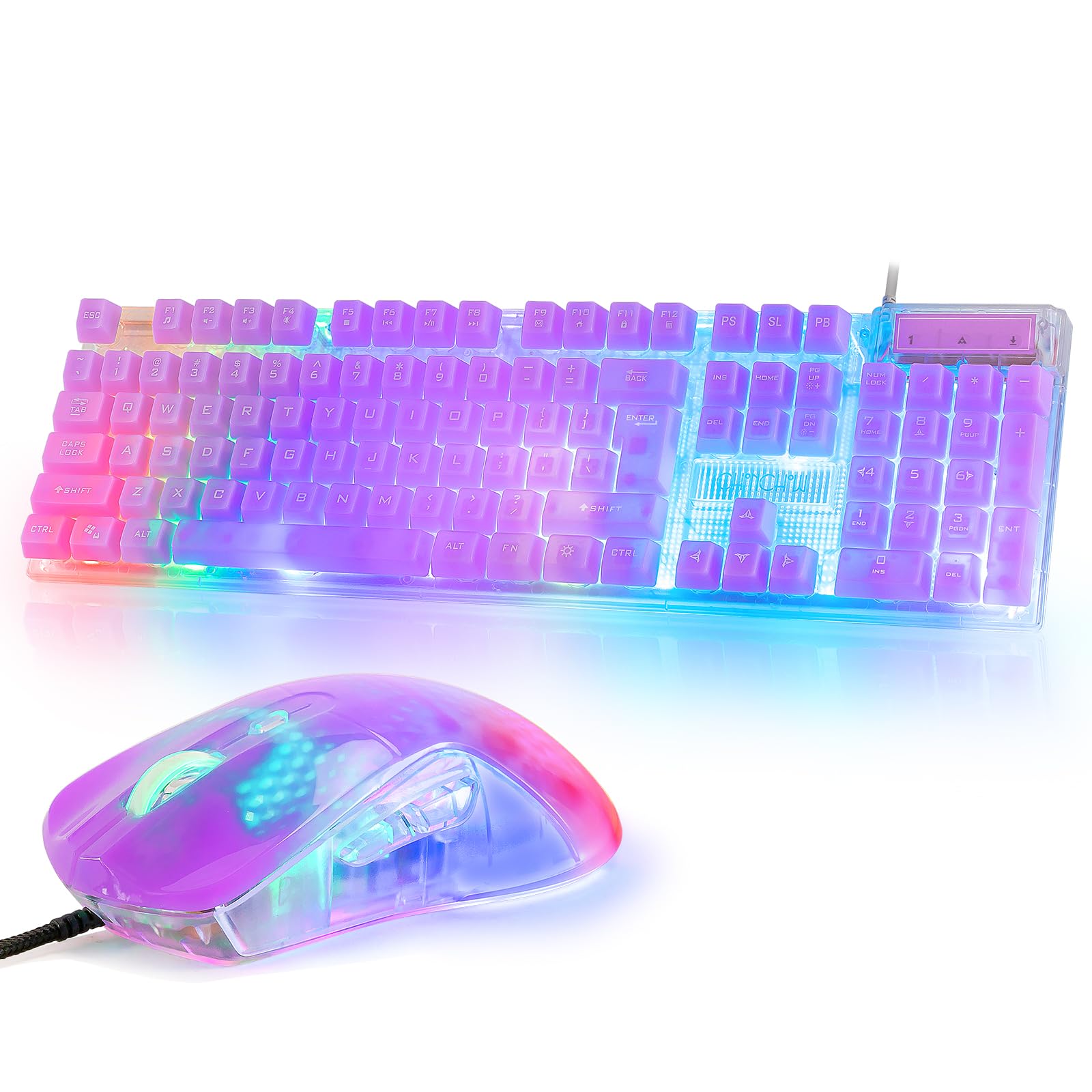 RGB Gaming Keyboard & Mouse Combo - USB Wired Transparent with Rainbow LED for PC/PS4/Xbox - Perfect for Competitive Gaming