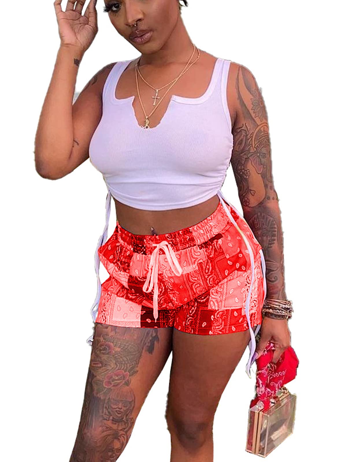 Acelyn Women's Sexy 2 Piece Short Sets - Summer Crop Tank Top & Patchwork Shorts Outfit | Casual Beachwear, Vacation Outfits, Street Style Fashion