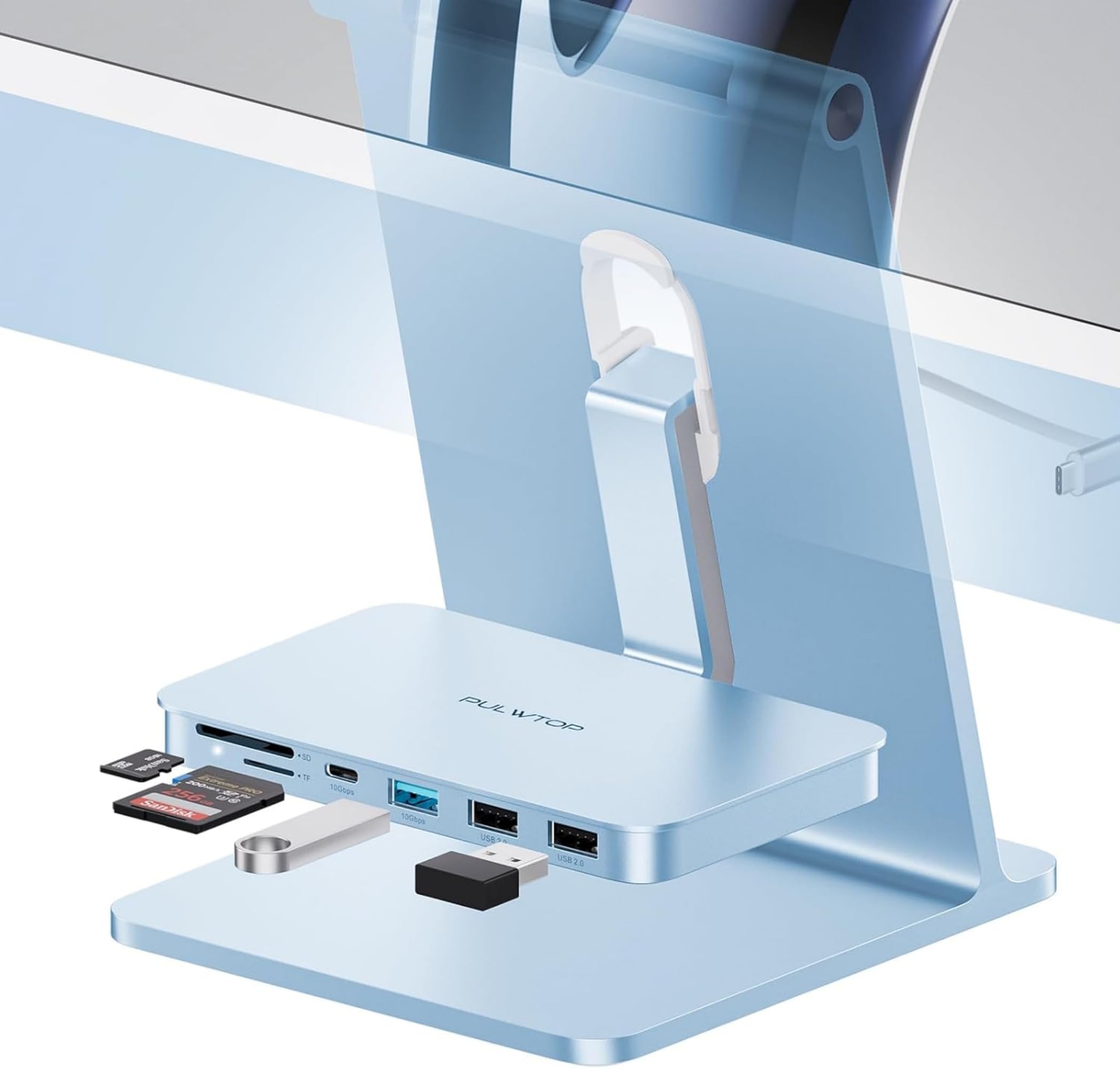 PULWTOP 6-in-1 USB C Hub for iMac 2021/2023/2024 - 10Gbps USB-A/USB-C Ports, 2 USB 2.0, SD/TF Card Reader - Compatible with iMac 24 inch & Studio Display 27 inch (M1/M3/M4) - Blue - Perfect for Home Office, Video Editing & File Transfer