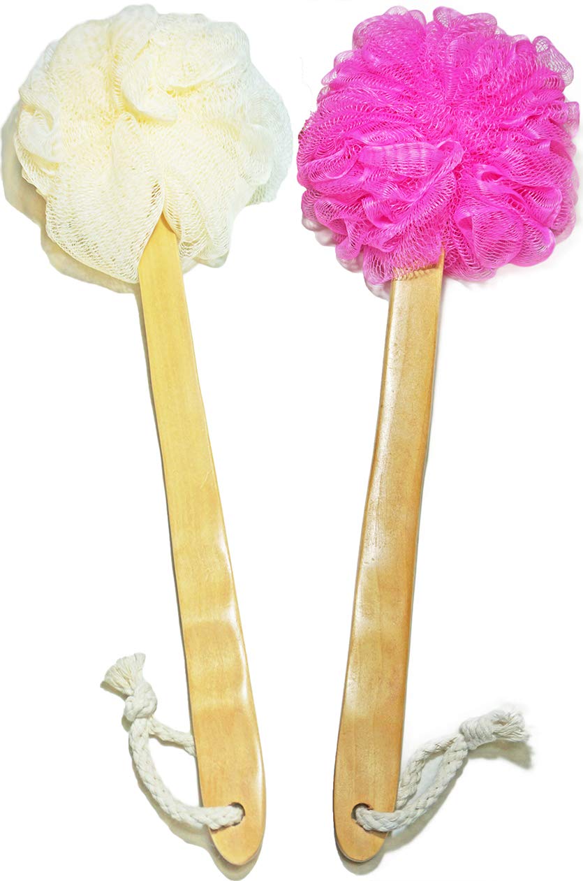 Exfoliating Shower Loofah Body Scrubber with Long Wooden Handle - Back Scrub Brush for Men & Women - Easy Reach Body Wash & Lotion Applicator (2-Pack White & Red) - Perfect for Deep Cleansing, Dead Skin Removal & Spa-Like Shower Experience