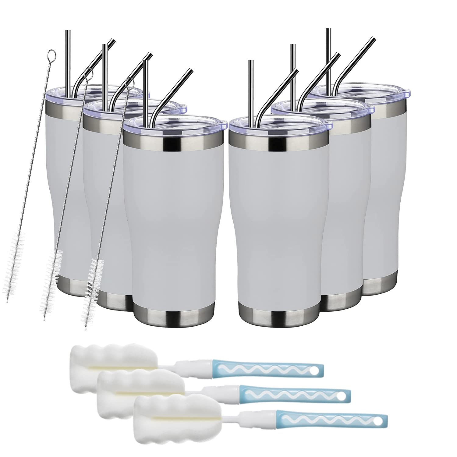 MEWAY 20oz Stainless Steel Tumblers 6 Pack - Vacuum Insulated Coffee Cups with Lids, Double Wall Powder Coated Travel Mugs - Keeps Drinks Hot & Cold for 12+ Hours - Perfect for Office, Gym, Camping & Road Trips (White, Set of 6)