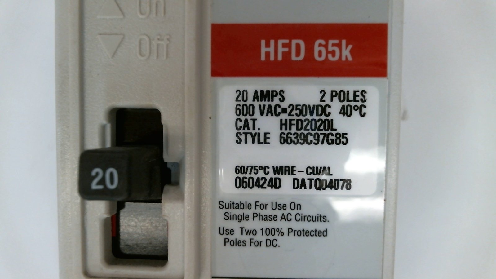 Eaton Cutler-Hammer Westinghouse HFD2020L (C-H) Circuit Breaker - 20 Amp 2 Pole 120/240V - for Residential & Commercial Electrical Panels
