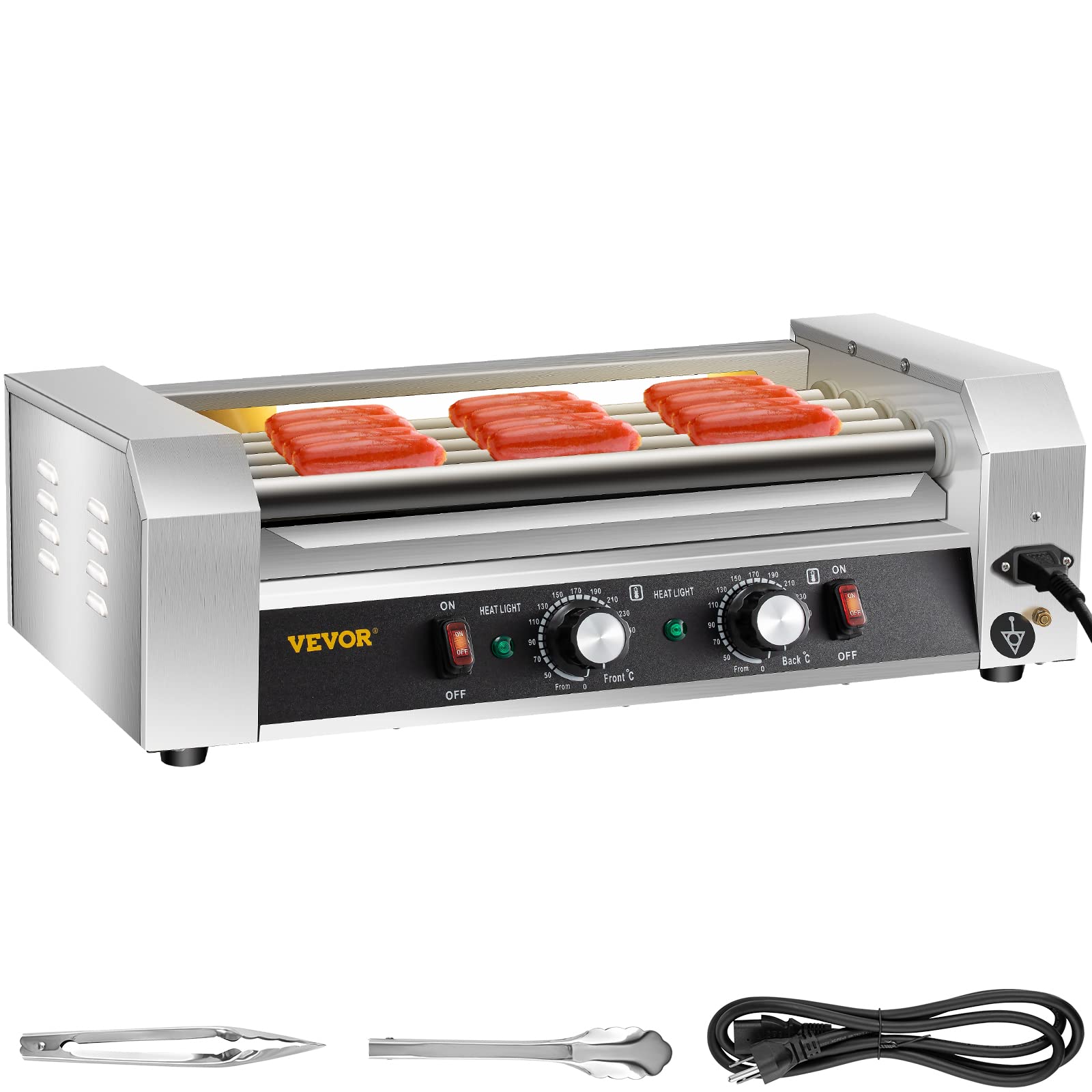 VEVOR Commercial Hot Dog Roller Machine - 12 Hot Dog Capacity, 5 Stainless Steel Rollers, 750W Sausage Grill Cooker with Dual Temperature Control, LED Light & Detachable Drip Tray - Perfect for Restaurants, Food Trucks, and Home Kitchens
