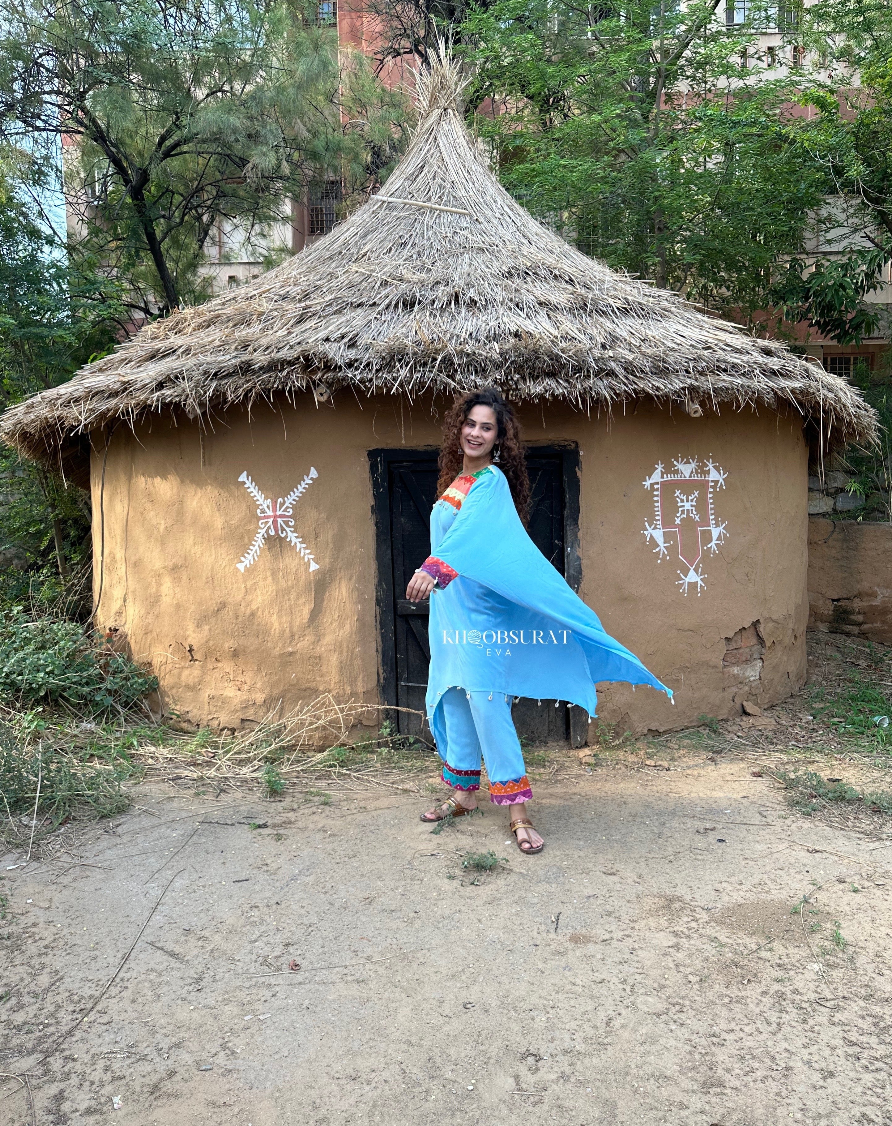 Boho Chic Blue Matching Outfit Set - Stylish & Comfortable Women's Two-Piece Coord for Casual Wear, Beach Vacation, and Summer Fashion