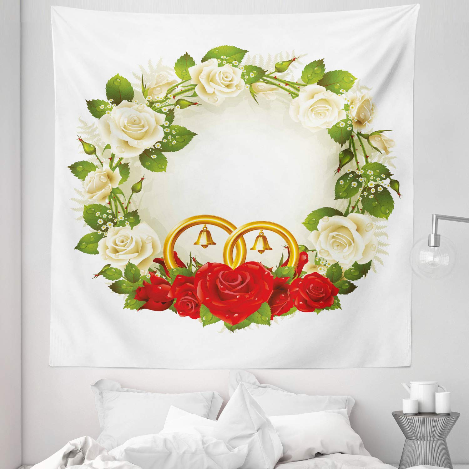 Ambesonne Queen Size Wedding Tapestry - White & Red Roses with Wedding Rings Romantic Design, 88x88 Inch Wall Hanging Bedspread for Bedroom Decor | Perfect for Wedding Gifts, Anniversary Decorations & Romantic Home Decor