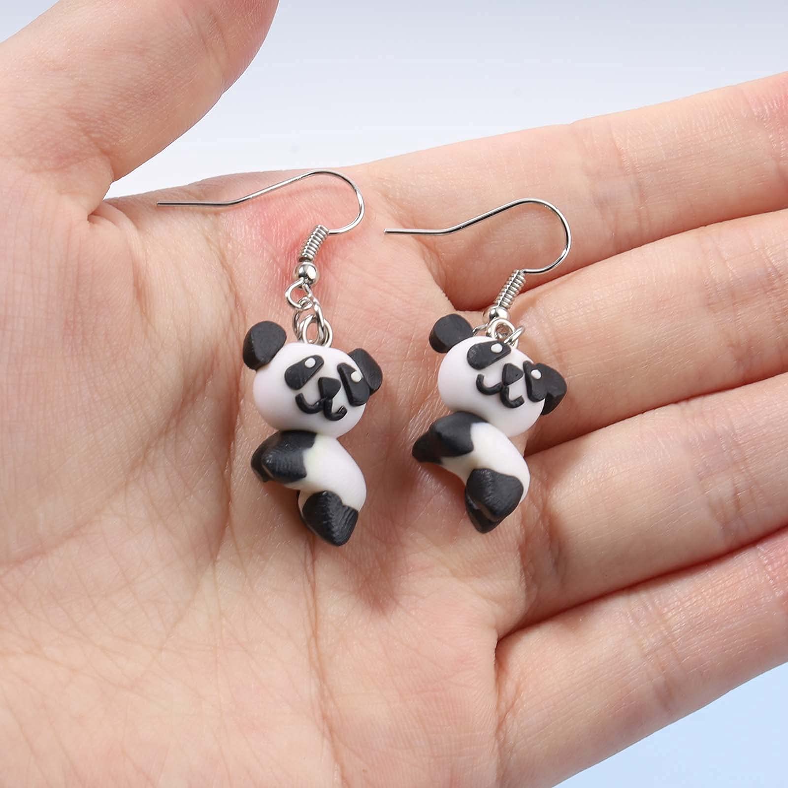 Cute 3D Panda Bear Drop Dangle Earrings - Handmade Soft Pottery Clay Animal Jewelry for Women & Teens | Perfect Gift for Animal Lovers, Birthday & Christmas Presents | Wear to Parties, Dates & Casual Outings