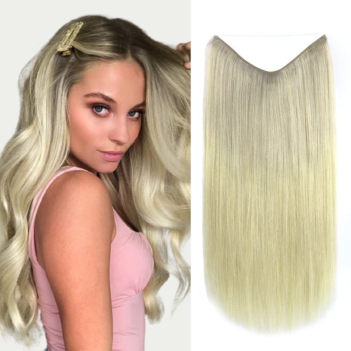 Marat 20-Inch 110g Wire Hair Extensions - Ash Blonde, Golden Blonde & Platinum Blonde Remy Human Hair with Invisible Fish Line - Natural Looking Extensions for Daily Wear, Parties & Special Occasions
