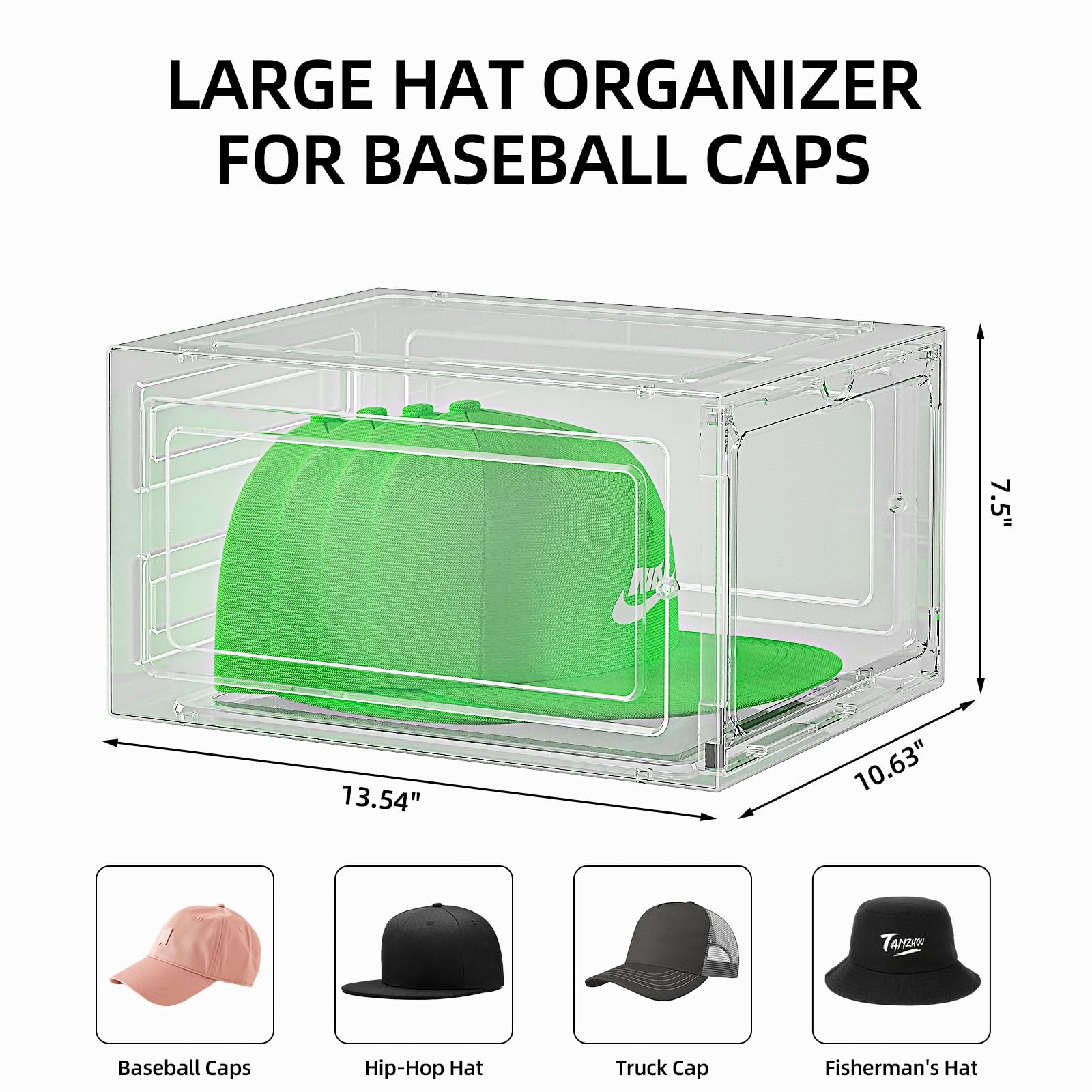 6-Pack Clear Plastic Baseball Cap Organizer Box with Magnetic Door - Hat Storage & Display Case for Closet, Holds 8 Caps Each - Perfect for Snapback, Dad Hats & Caps Collection Organization