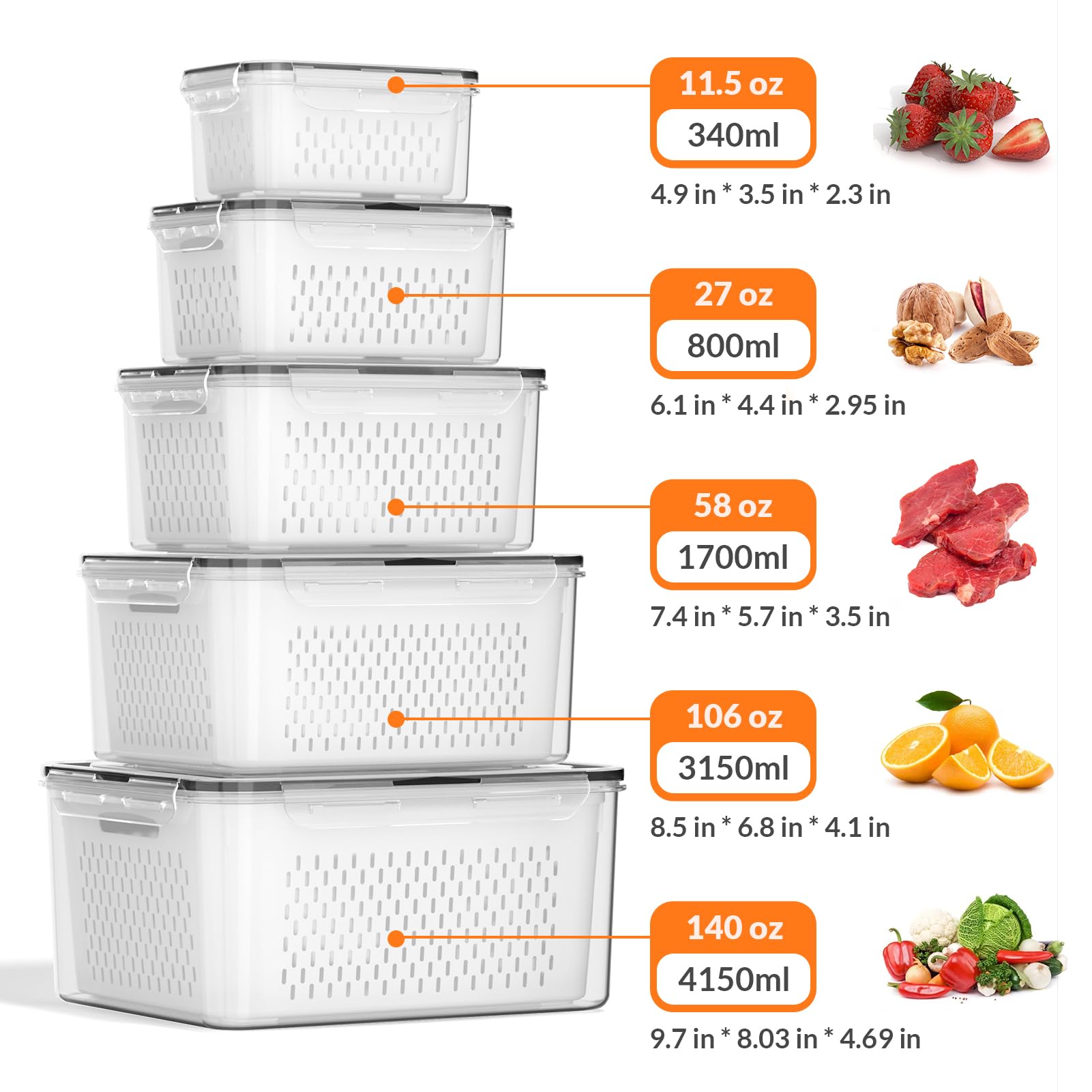 5-Piece Large Airtight Food Storage Containers with Removable Colanders & Lids - Keep Fruits, Vegetables, Meat Fresh Longer - Perfect for Fridge, Pantry, Meal Prep & Organization