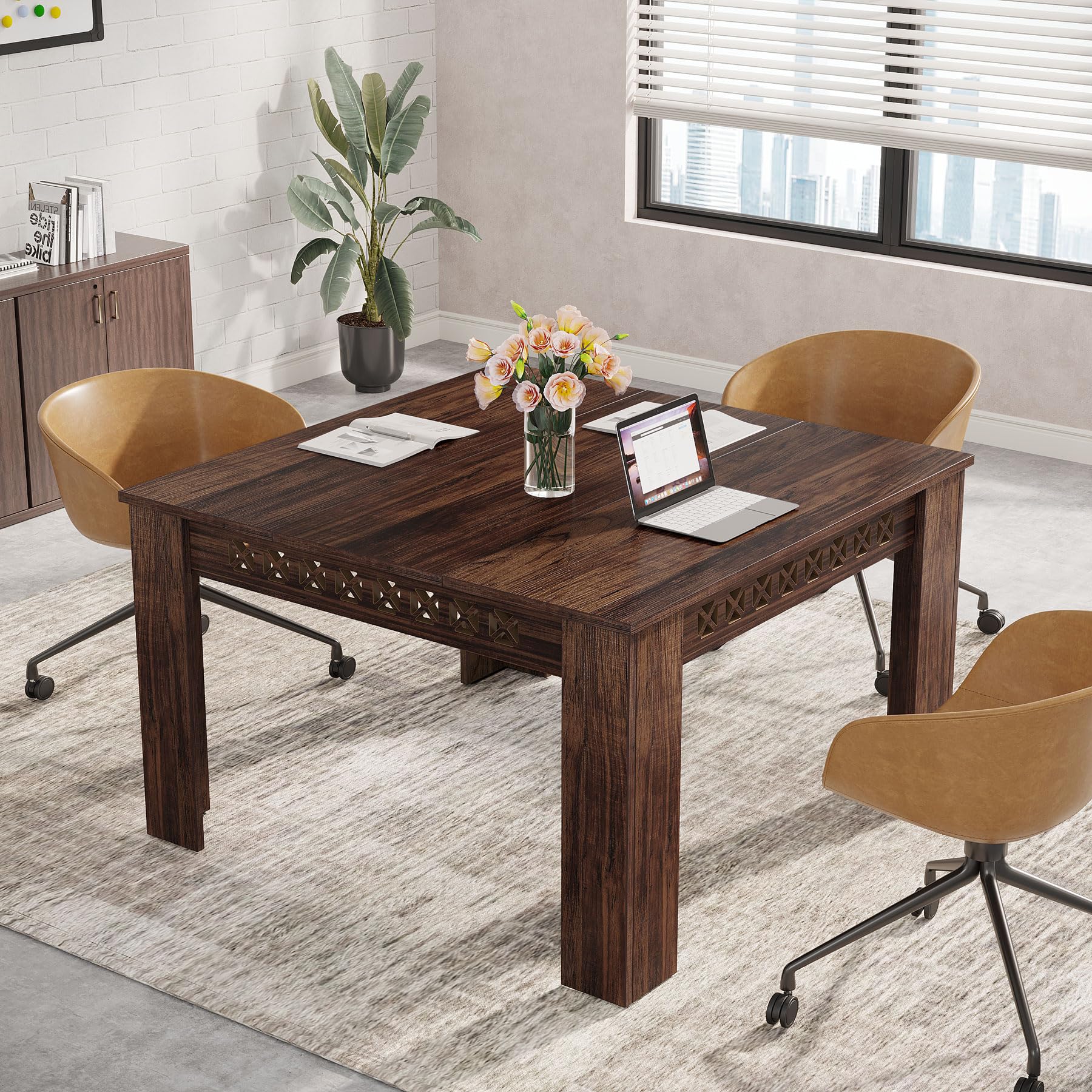 Tribesigns 43-Inch Square Conference Table for 4 People - Solid Wood Meeting Room Table for Office, Boardroom, Seminar - Rustic Brown Finish with Heavy Duty Metal Legs - Perfect for Small Business Meetings, Team Collaboration & Home Office Workspace