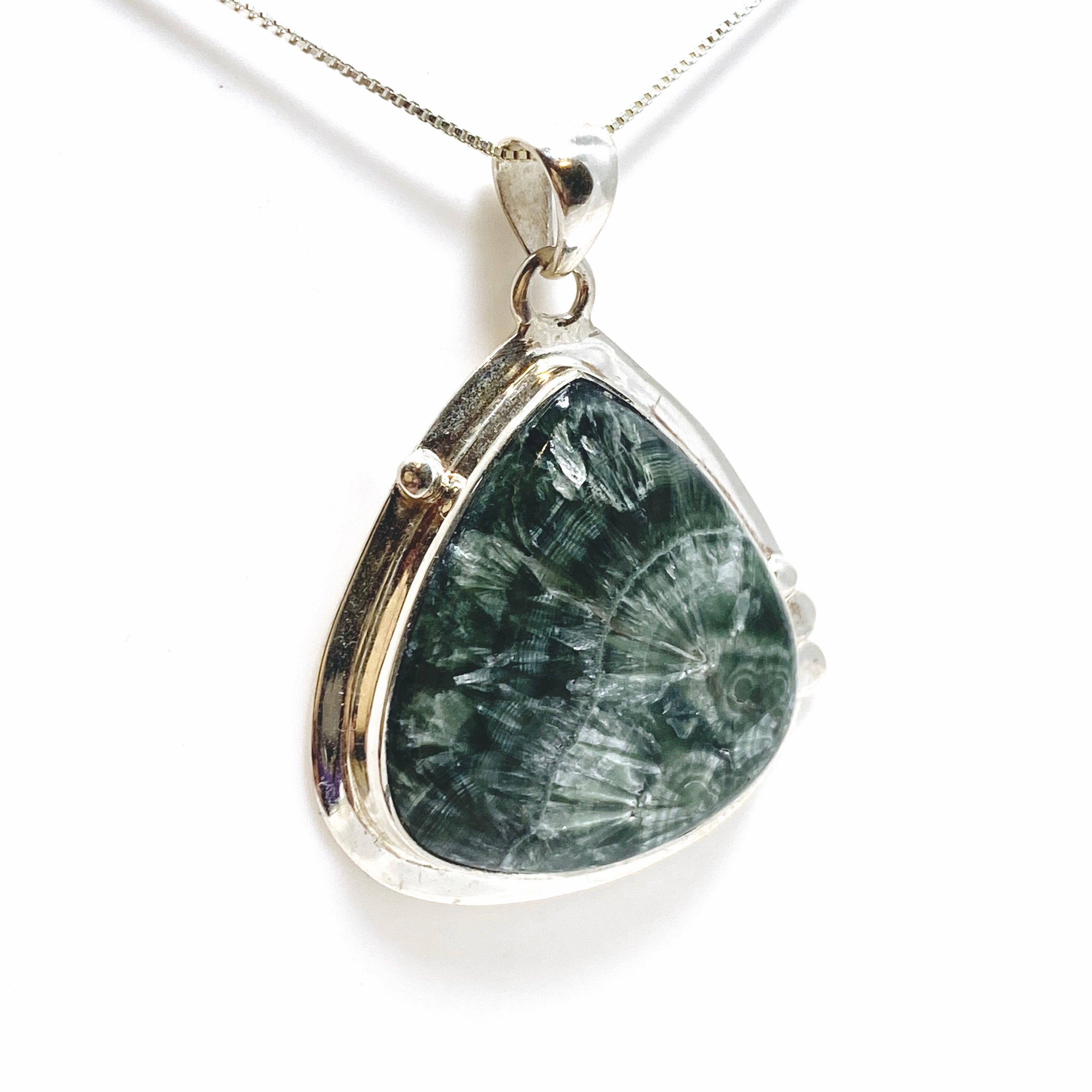 Seraphinite Teardrop Cabochon Pendant in Sterling Silver - Healing Crystal Jewelry for Meditation & Energy Work - Elegant Gift for Spiritual Seekers