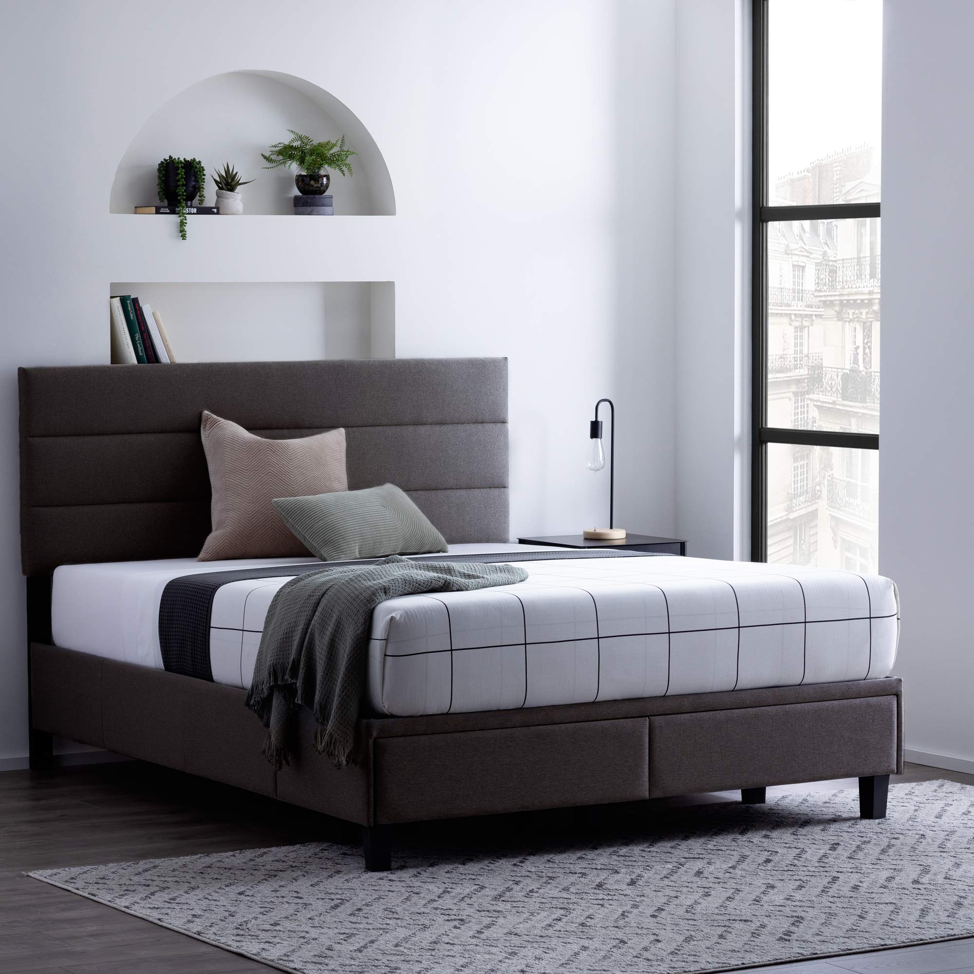 Edenbrook Johnson Upholstered Bed with Built-in Storage Drawers - Modern Channel Tufted Headboard - Easy Assembly Full Size Bed Frame - Charcoal Gray - Perfect for Small Bedrooms & Guest Rooms