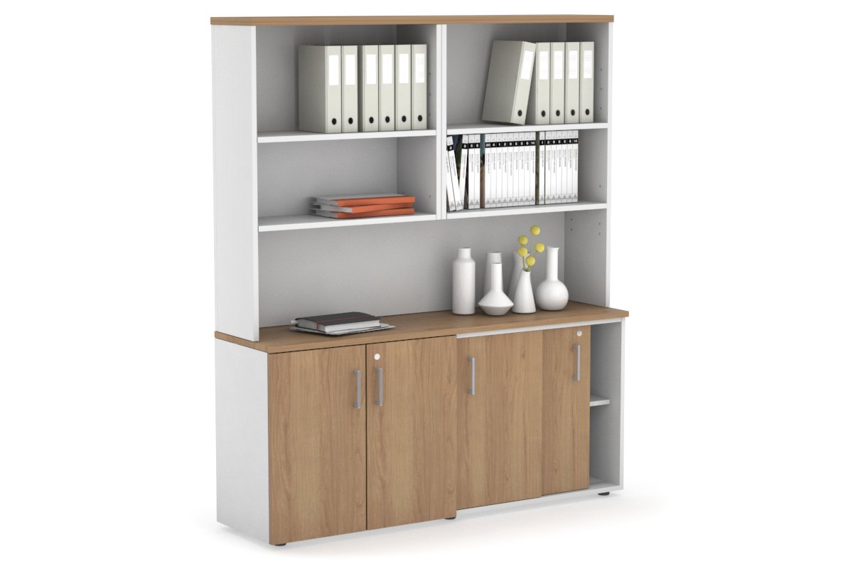 Modern 2-Door Sliding Credenza & Small Cupboard Unit with Open Hutch - Stylish Storage Solution for Home Office, Living Room, or Bedroom Organization
