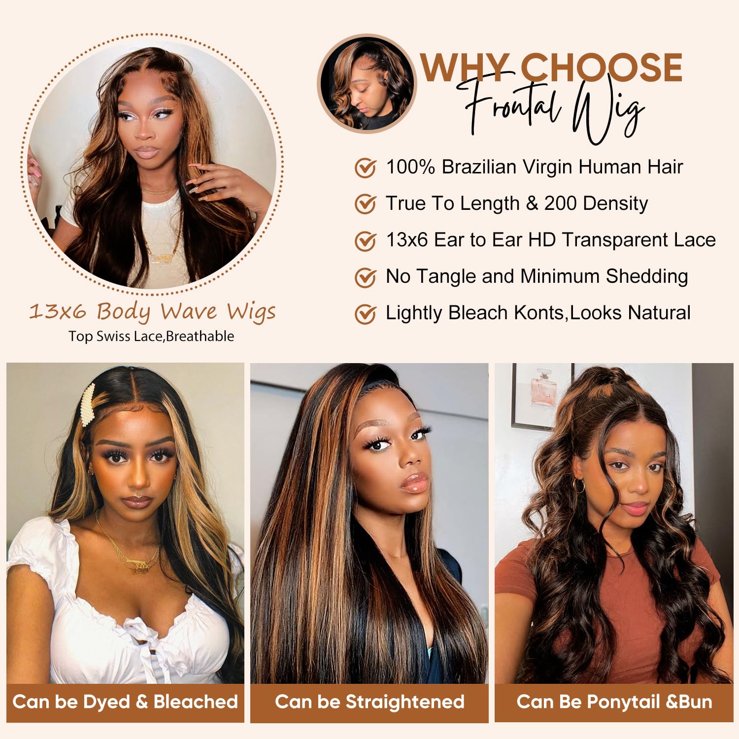 30 Inch 13x6 Highlight Body Wave Lace Front Wigs Human Hair - Pre Plucked 200% Density Ombre Frontal Wig with HD Lace & Bleached Knots - Glueless Balayage Wig for Black Women - Perfect for Daily Wear, Parties & Special Occasions
