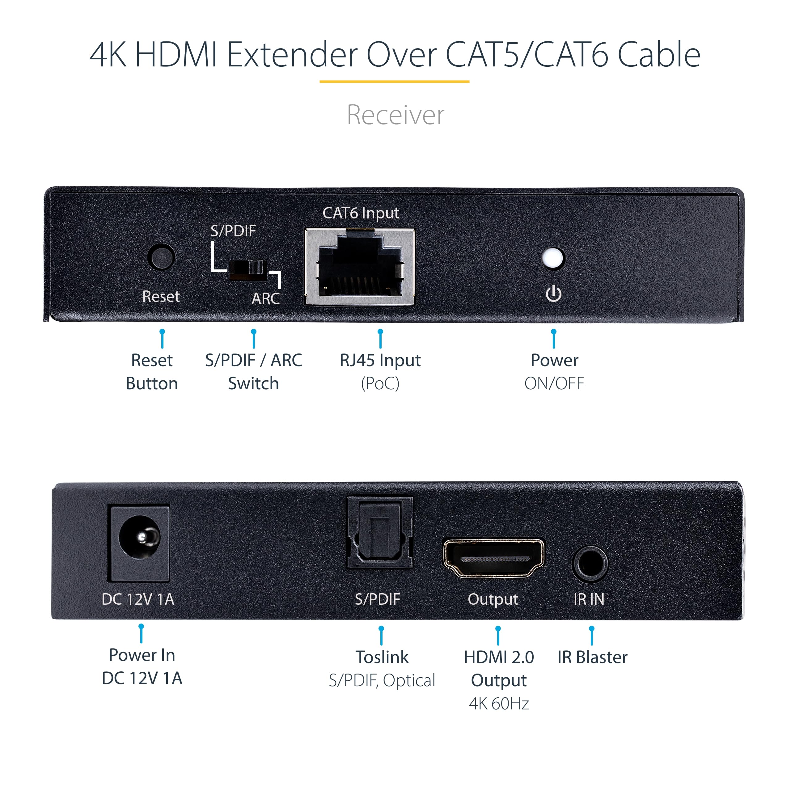 StarTech.com 4K HDMI Extender Over CAT5/CAT6 Cable - 4K 60Hz HDR Video & Audio Transmitter/Receiver Kit Up to 230ft (70m) | HDMI Over Ethernet with S/PDIF Output | Perfect for Home Theater, Gaming & Conference Room Setup (4K70IC-EXTEND-HDMI)